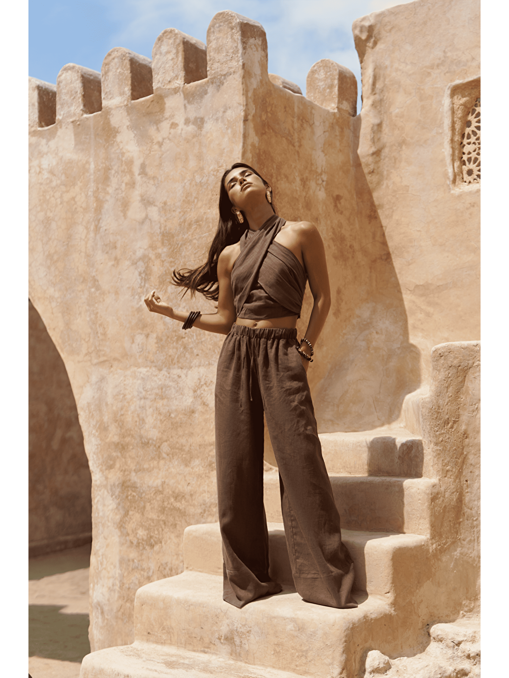 Kahverengi Moira Kahve Keten Crop Pantolon Takım-2