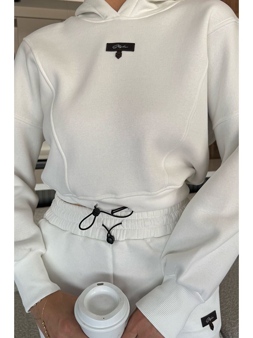 Ekru Kadın Üç İplik Şardonlu Kapüşonlu Eşofman Takımı-3