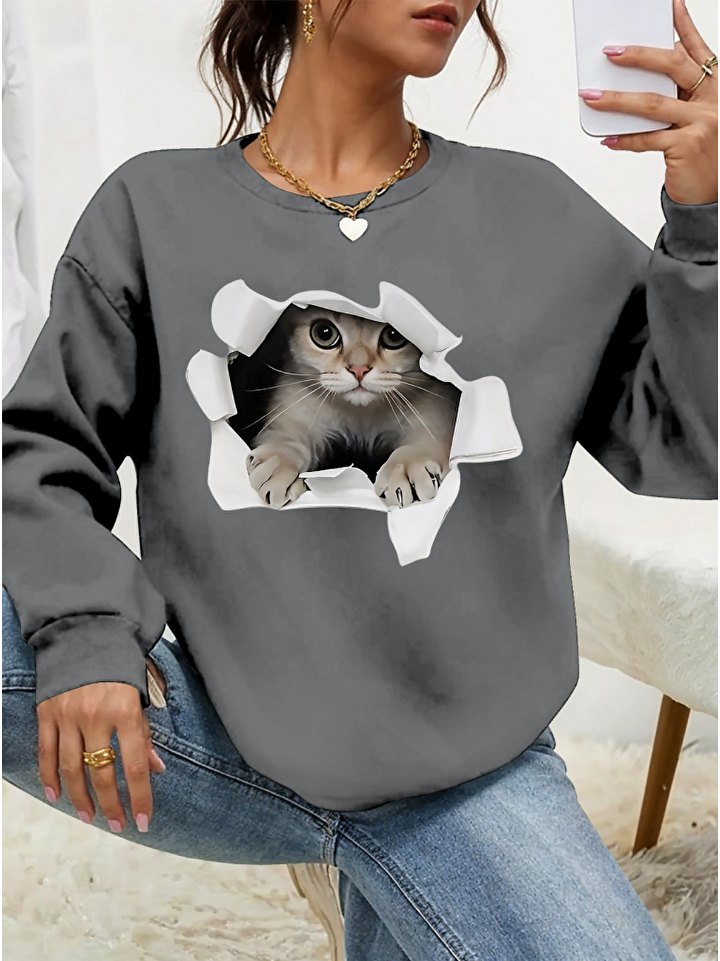 Gri Kadın Uzun Kollu Bisiklet Yaka Kedi Desenli Viskon Iki Iplik Bluz-2