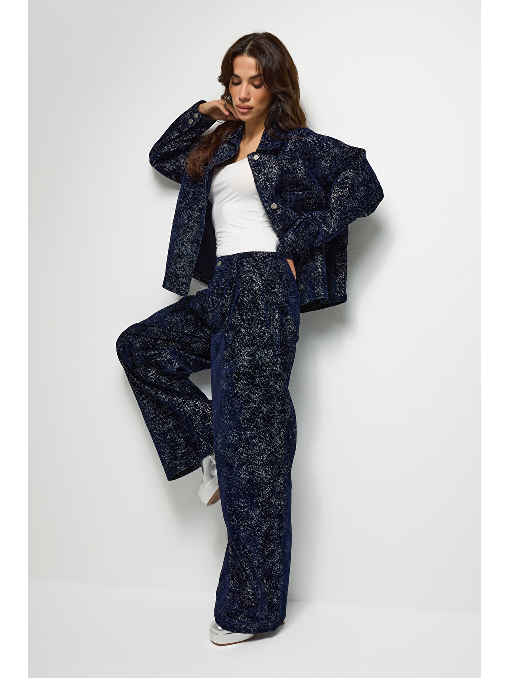 Kadın Koyu Mavi Renk 7w5-56 Midrise Wide Leg Fit Özel Kumaş Tasarım Denim Jean-3