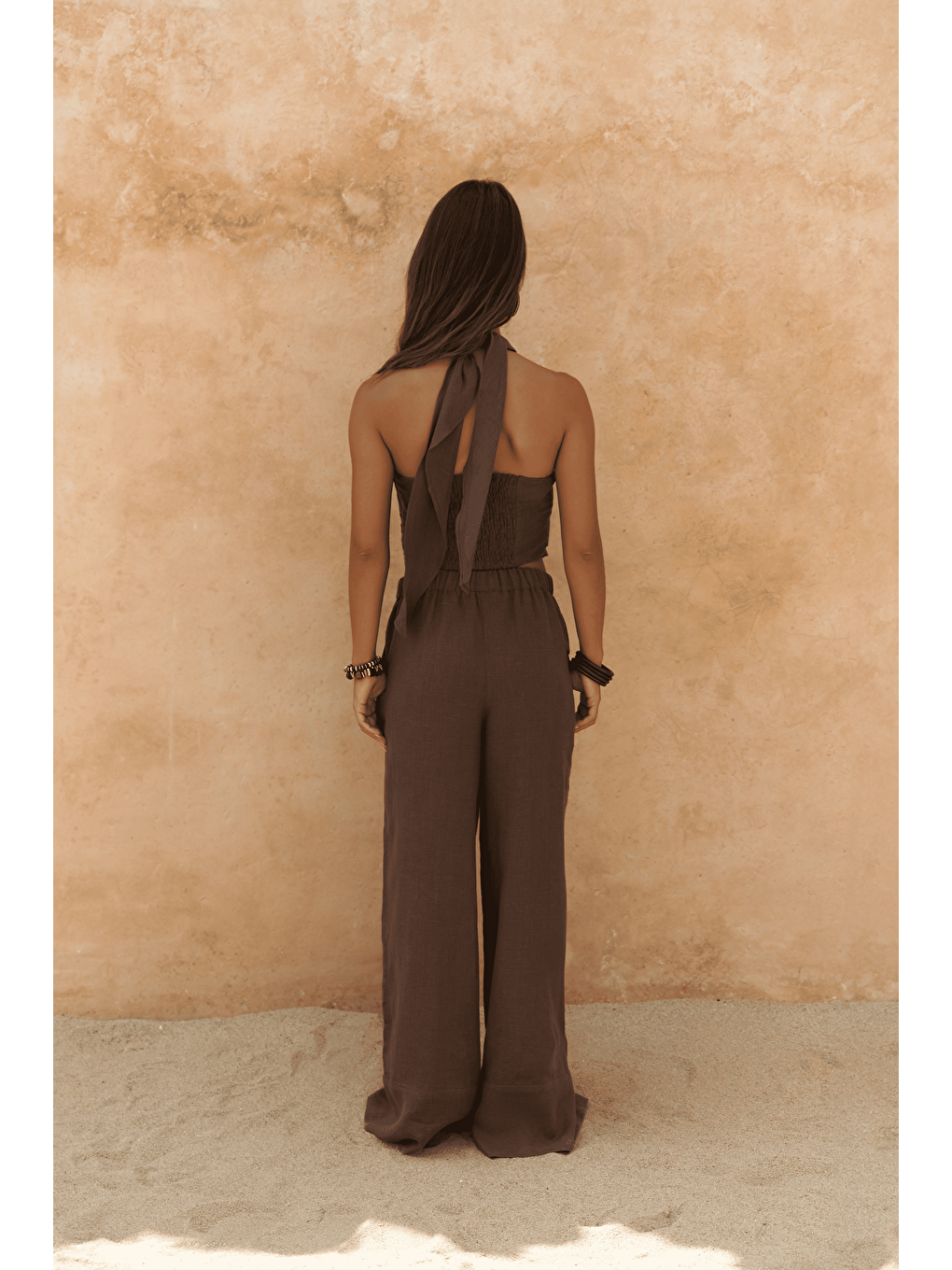 Kahverengi Moira Kahve Keten Crop Pantolon Takım-3