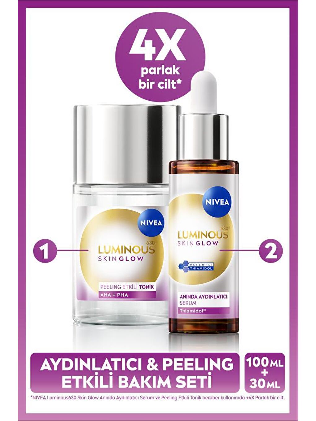 Luminous630 Skin Glow Anında Aydınlatıcı Serum 30ml ve Peeling Etkili Tonik 100ml, Eşit Cilt Tonu
