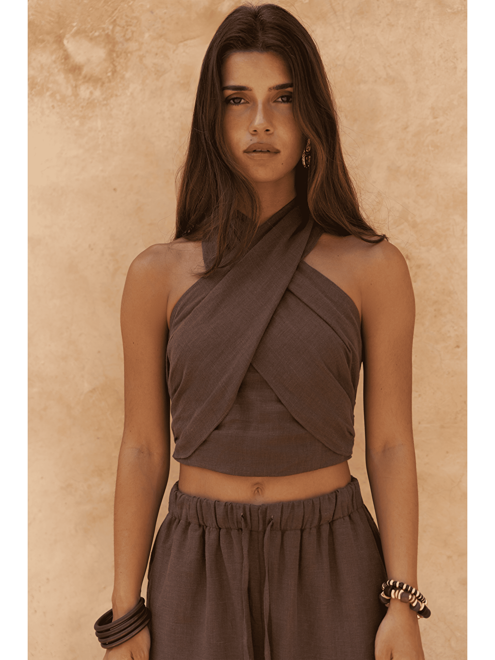 Kahverengi Moira Kahve Keten Crop Pantolon Takım-4