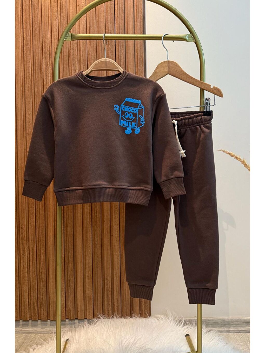 Kahverengi Erkek Çocuk 3 İplik Pamuklu Kumaş Baskılı Sweatshirt Ve Pantolon Alt Üst Takım-1