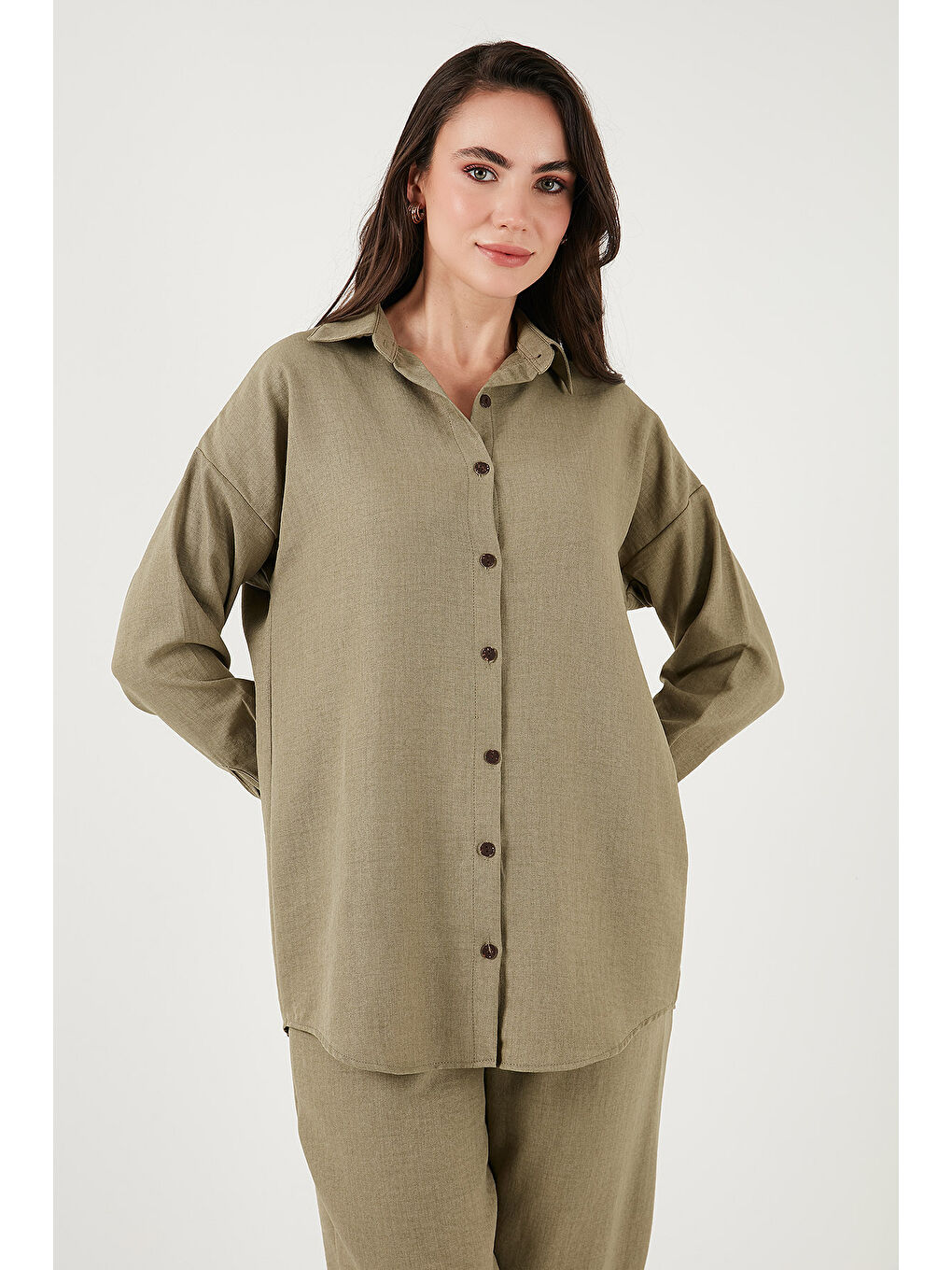 Yeşil Keten Karışımlı Regular Fit Lastikli Bel Uzun Kollu Kadın Alt Üst Takım 6696622-4