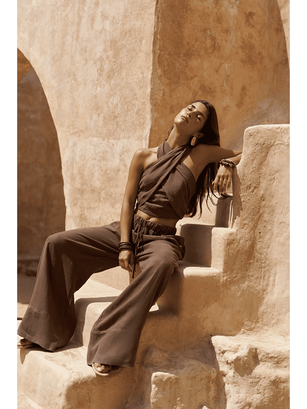 Kahverengi Moira Kahve Keten Crop Pantolon Takım-5