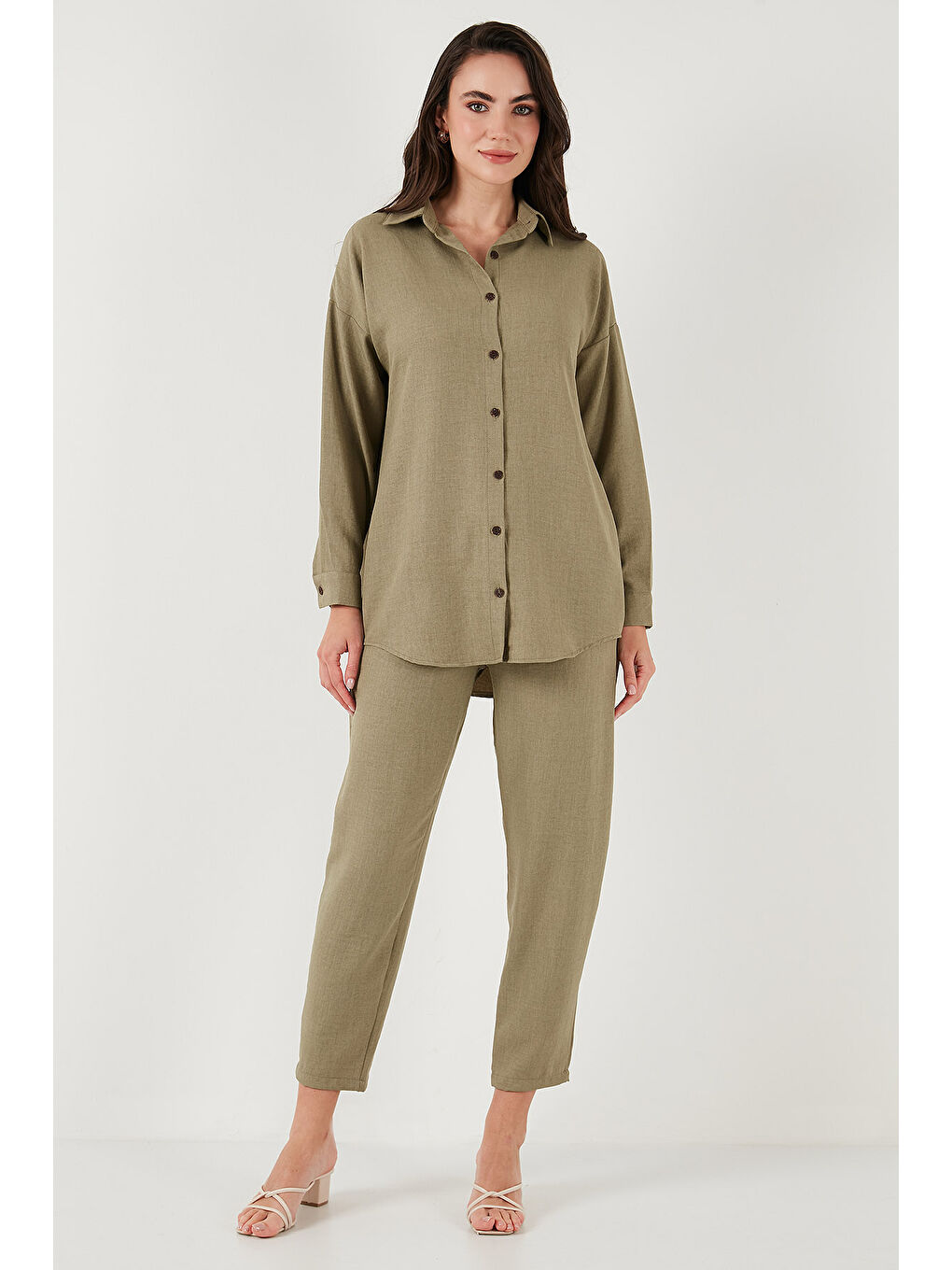 Yeşil Keten Karışımlı Regular Fit Lastikli Bel Uzun Kollu Kadın Alt Üst Takım 6696622-5