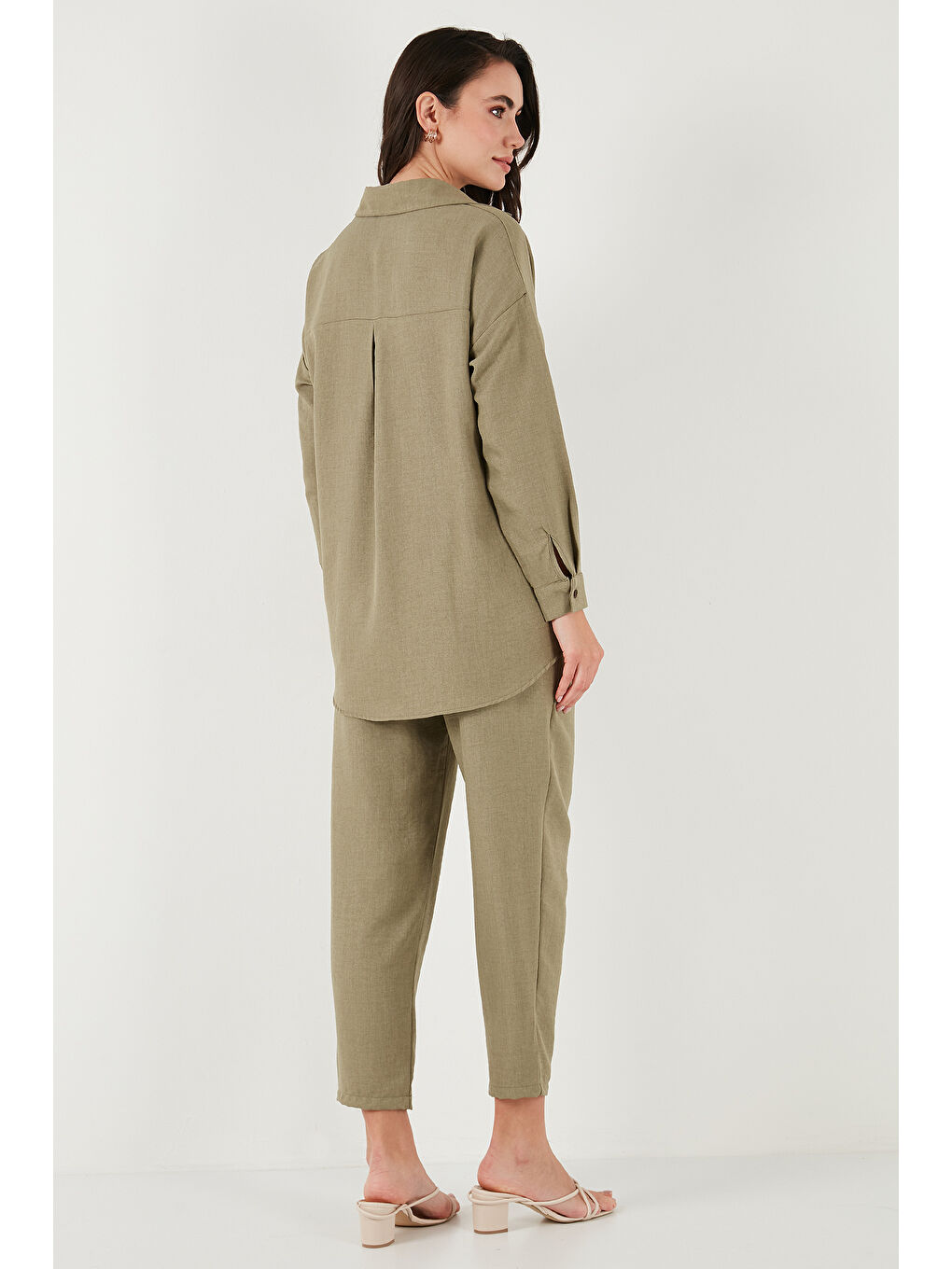 Yeşil Keten Karışımlı Regular Fit Lastikli Bel Uzun Kollu Kadın Alt Üst Takım 6696622-6