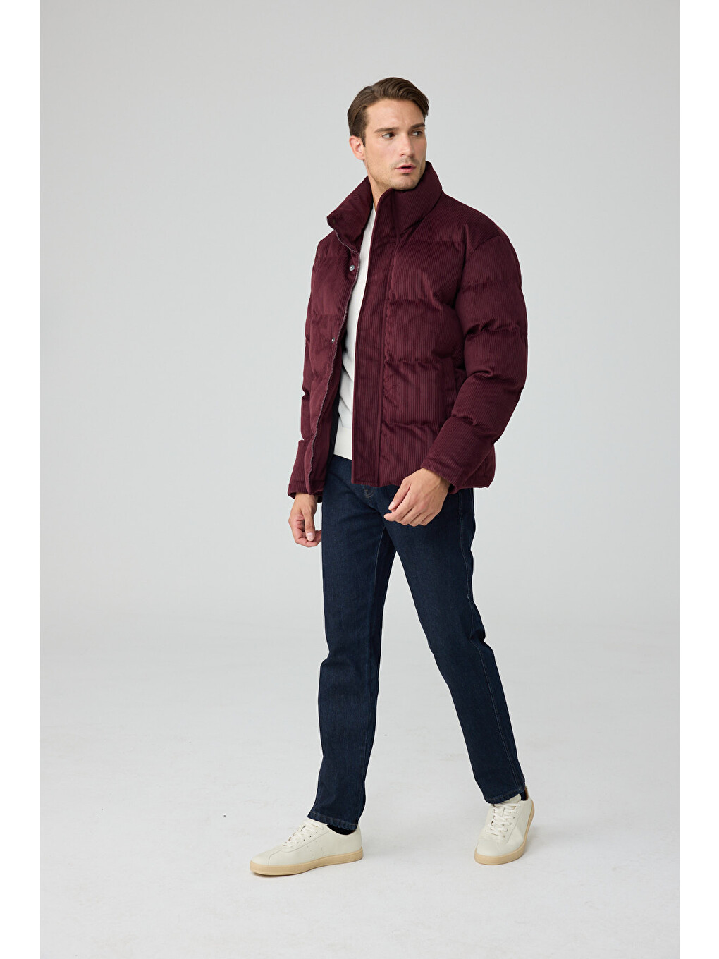 Erkek Su Geçirmez Kadife Puffer Şişme Mont Bordo-3