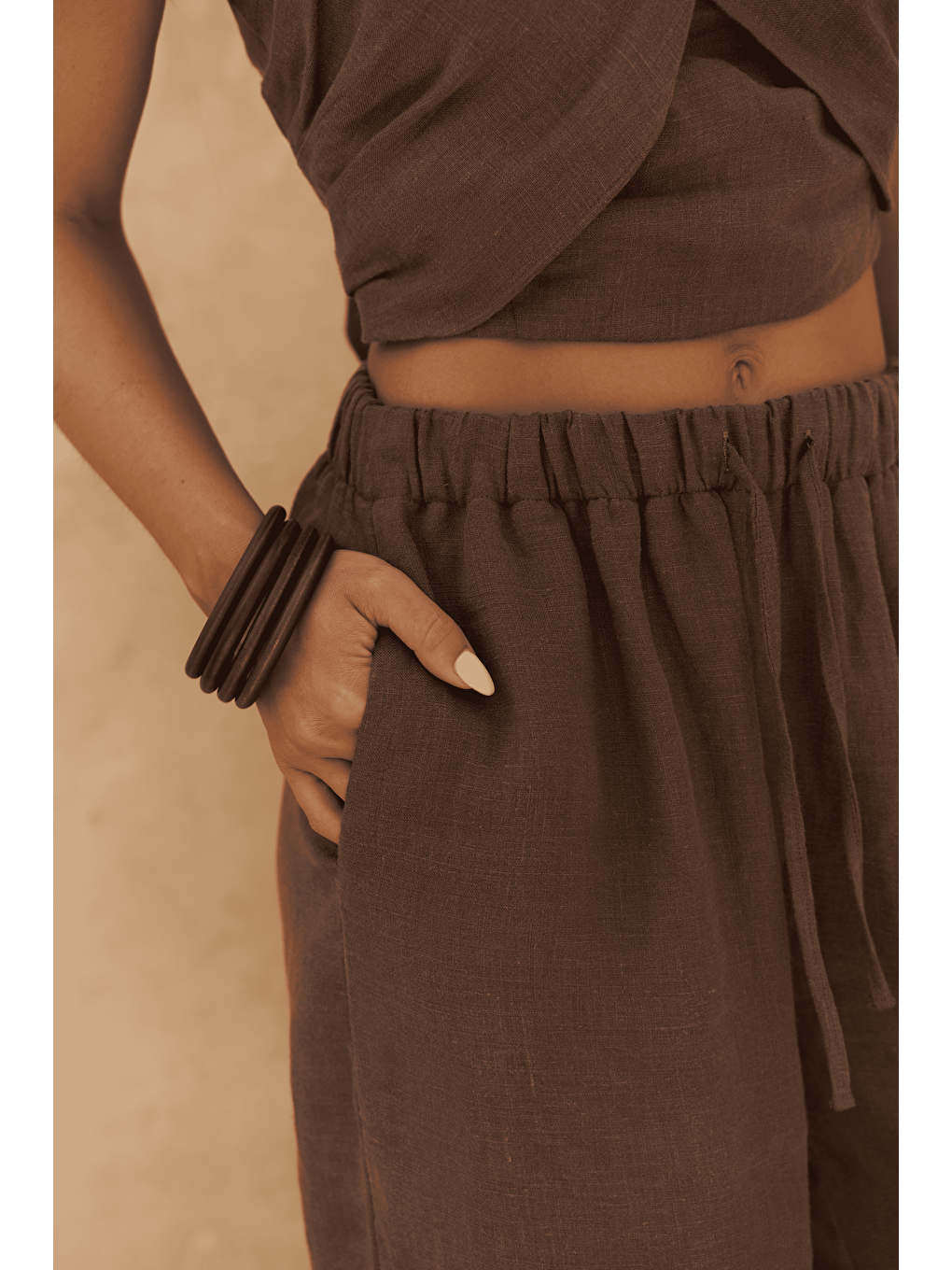 Kahverengi Moira Kahve Keten Crop Pantolon Takım-6