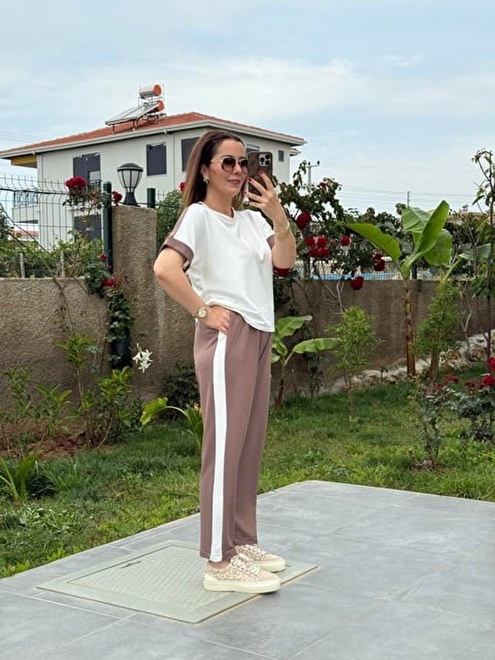 Kahverengi Kadın Modal Dokulu Kumaş Yanı Şeritli Takım-2