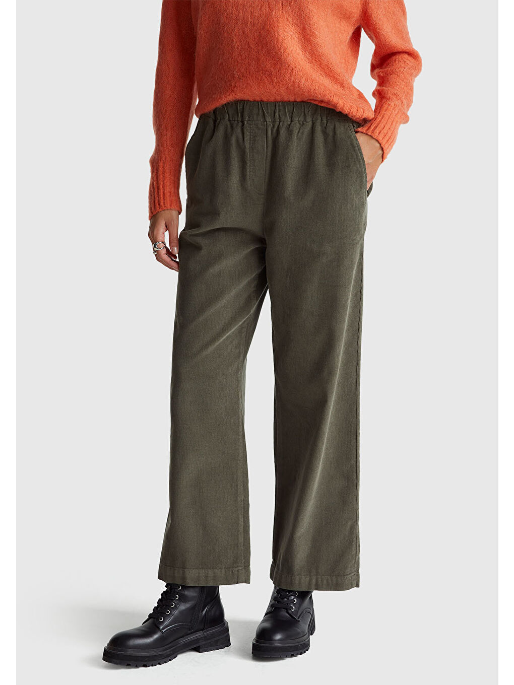 Kadın Haki %100 Pamuk Beli Lastikli Wide Leg Kadife Pantolon