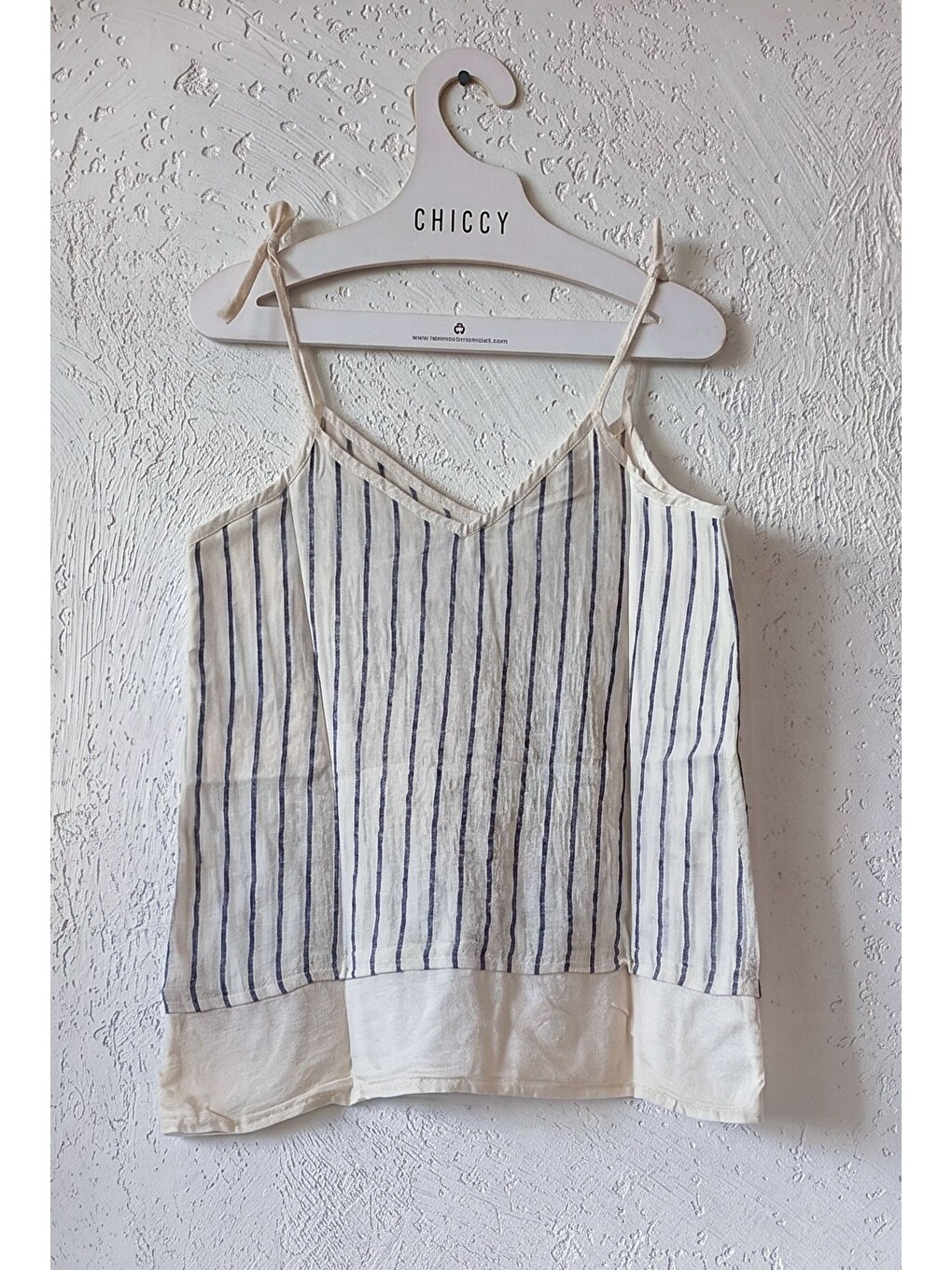 Ekru Krem Omuzdan Bağlamalı Çizgili Casual Keten Görünümlü Dokuma Bluz 60 45-6