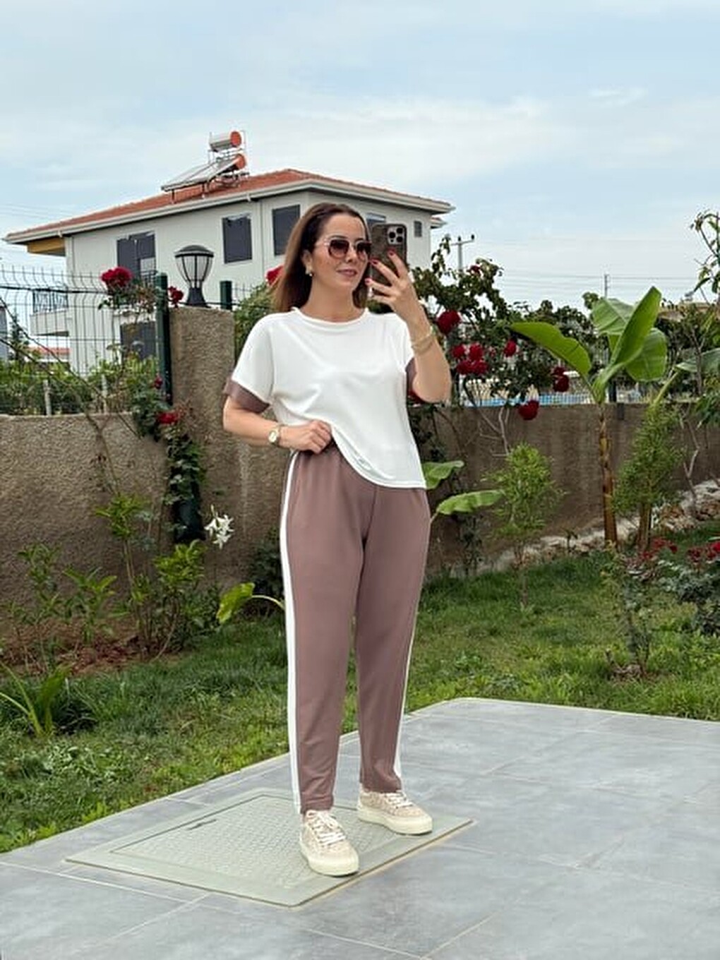 Kahverengi Kadın Modal Dokulu Kumaş Yanı Şeritli Takım-3