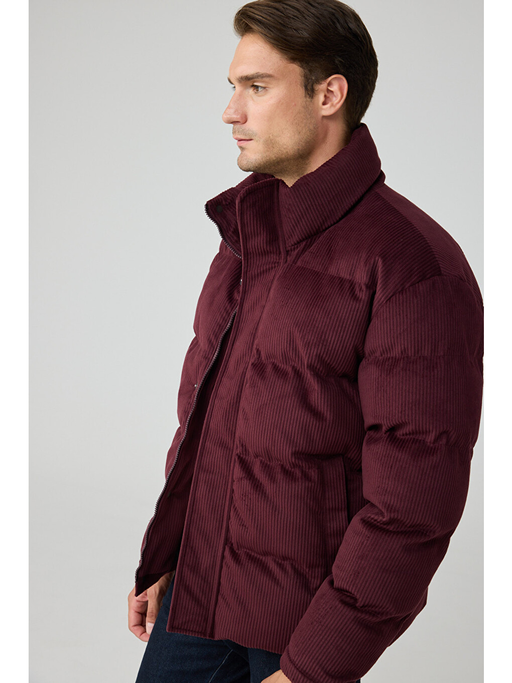 Erkek Su Geçirmez Kadife Puffer Şişme Mont Bordo-5