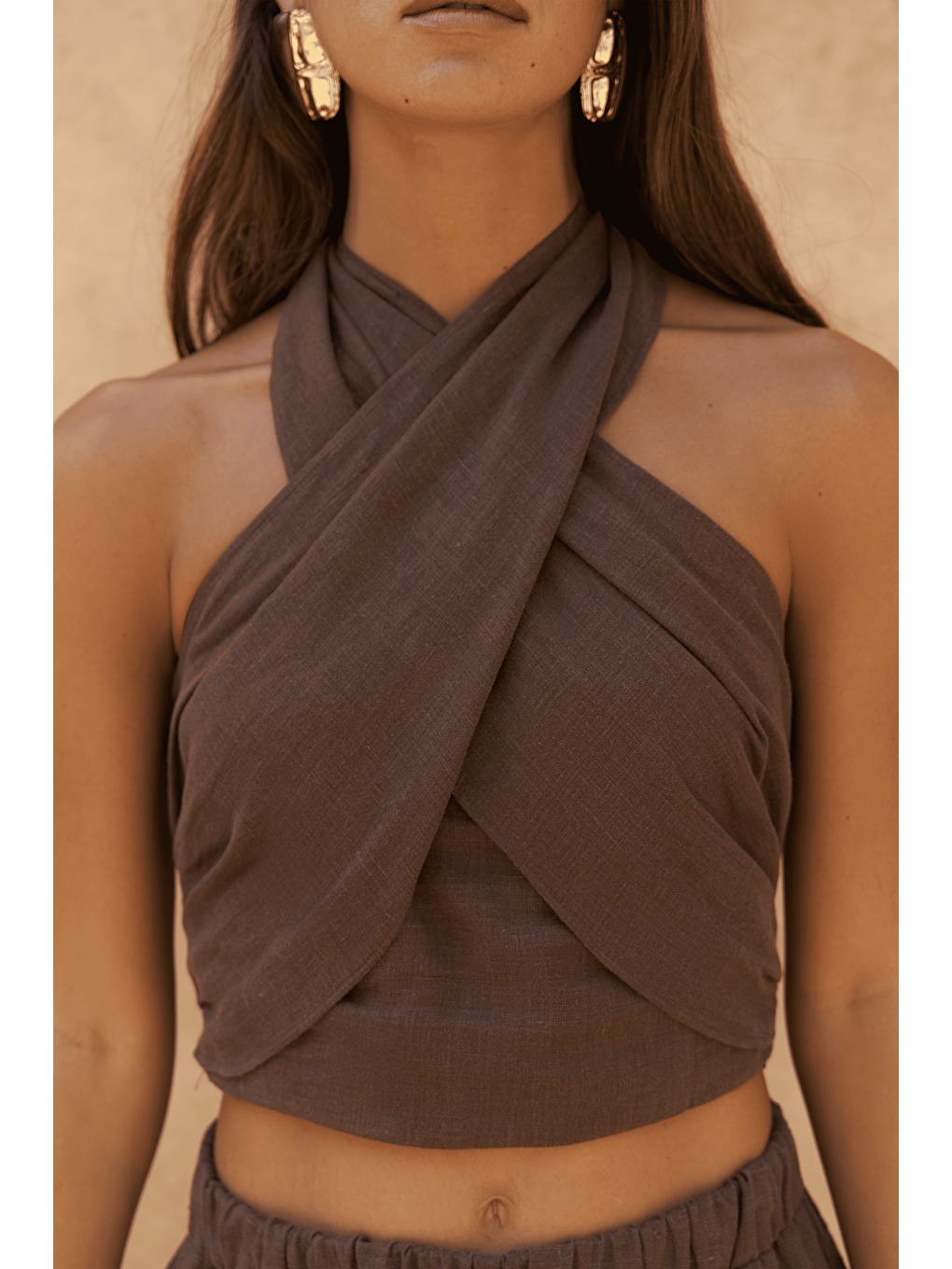 Kahverengi Moira Kahve Keten Crop Pantolon Takım-7