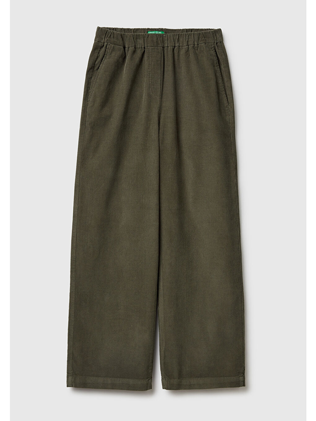 Kadın Haki %100 Pamuk Beli Lastikli Wide Leg Kadife Pantolon-1