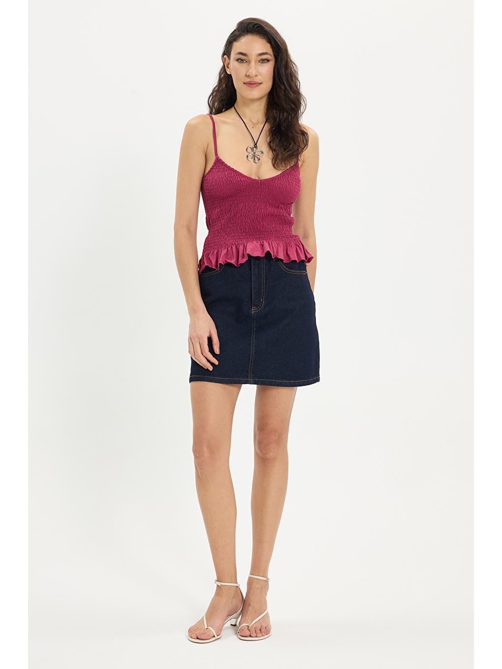 Kadın Slim Fit Dar Kesim %100 Pamuk Askılı  Büzgülü V Yaka Fuşya Bluz-1