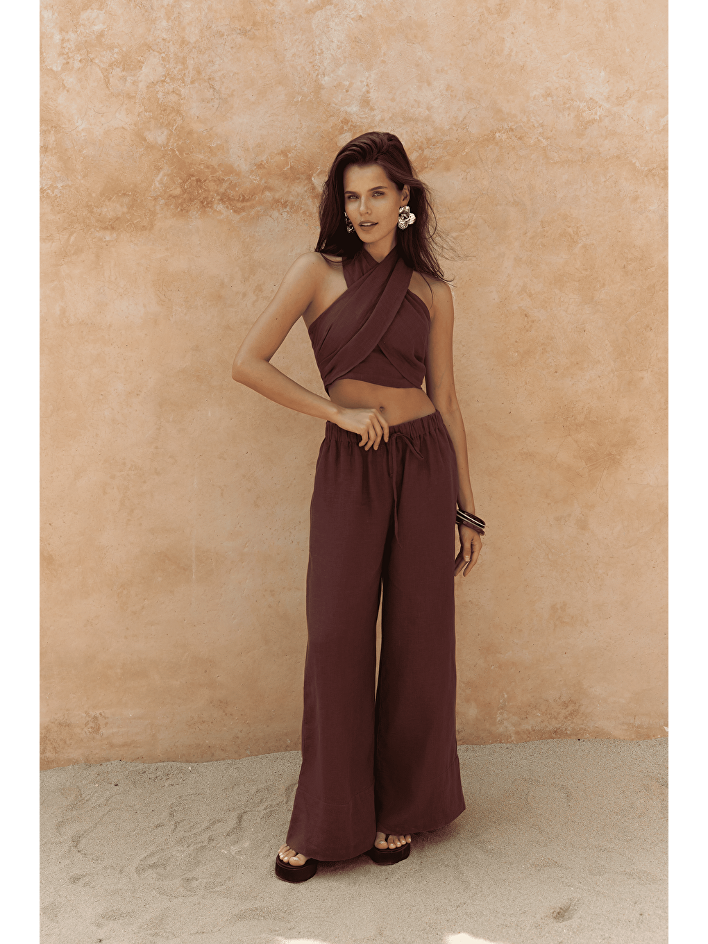 Moira Bordo Keten Crop Pantolon Takım-1