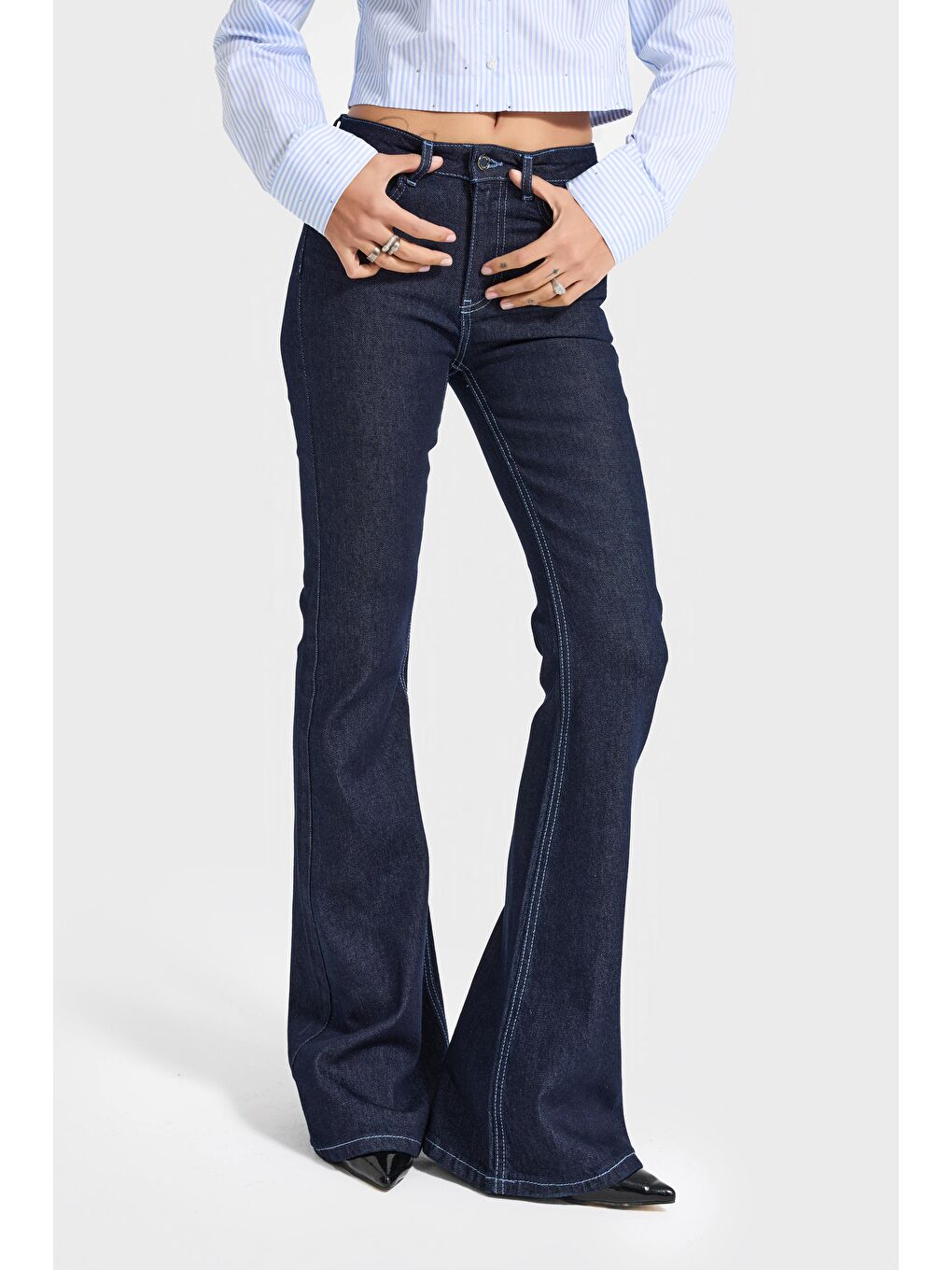 Kadın İndigo Renk 7w5-50 Flare Fit Viskon Elastan Kumaş Denim Jean-3
