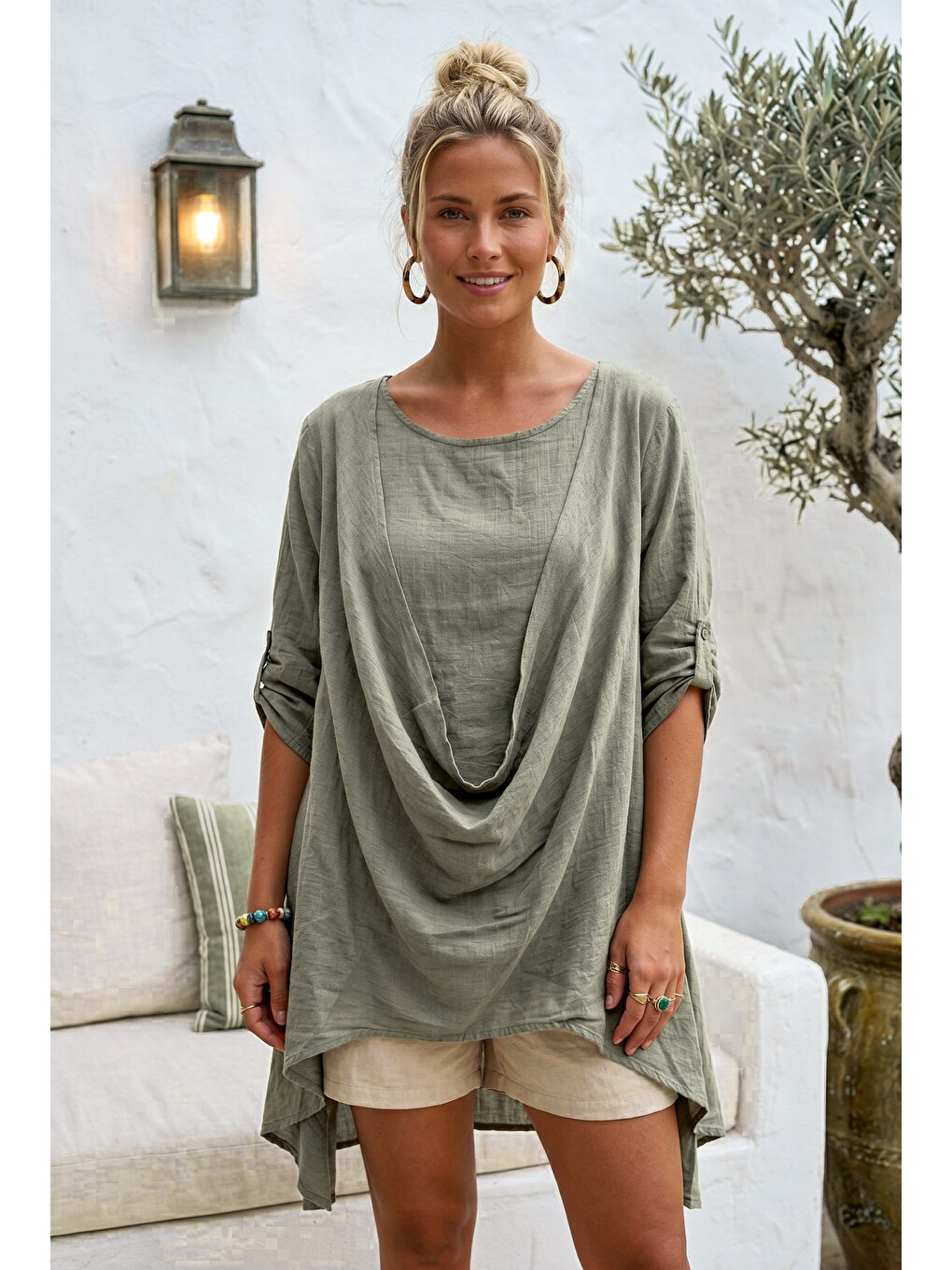 Yeşil Yuvarlak Yaka 3/4 Kol İkili Set Casual Pamuklu Salaş Dokuma Bluz 80 63-1