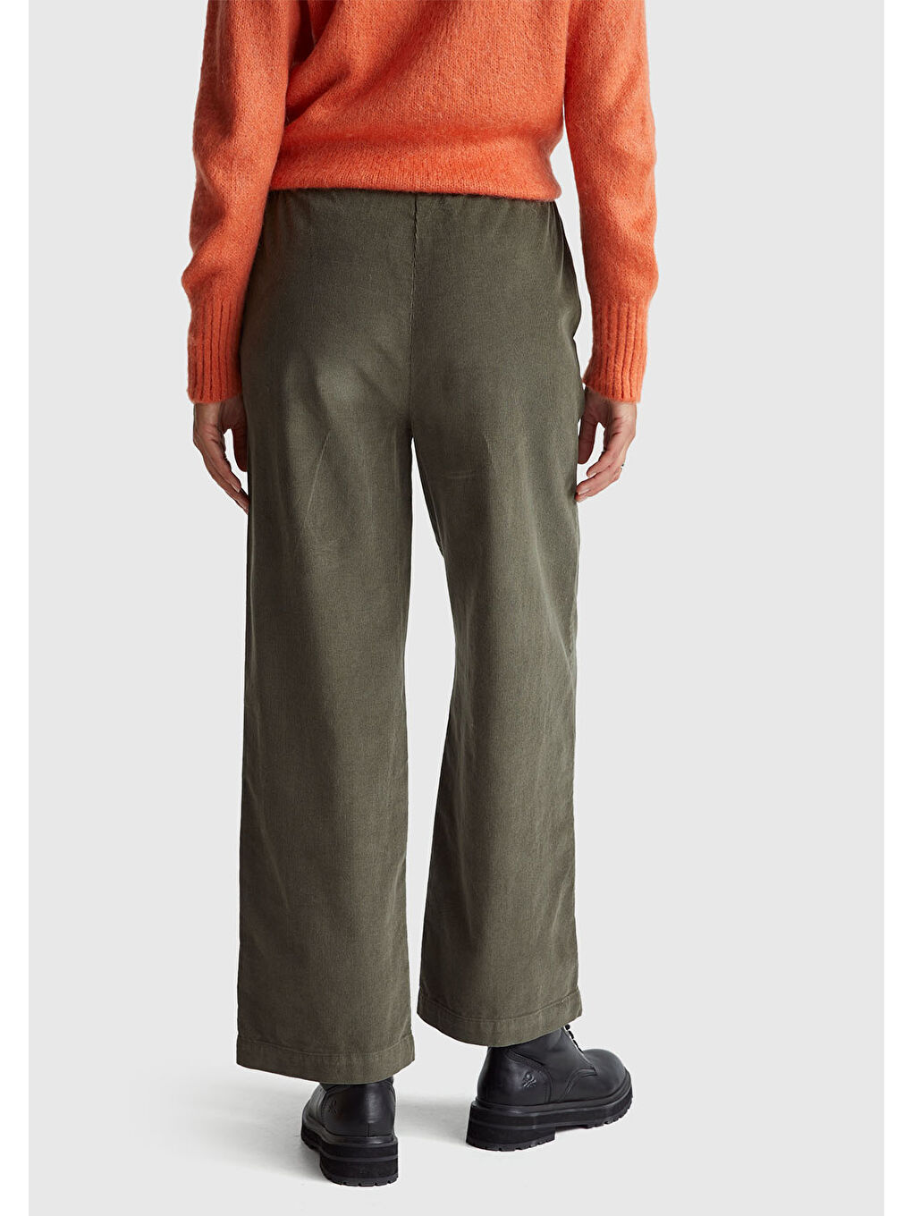 Kadın Haki %100 Pamuk Beli Lastikli Wide Leg Kadife Pantolon-2