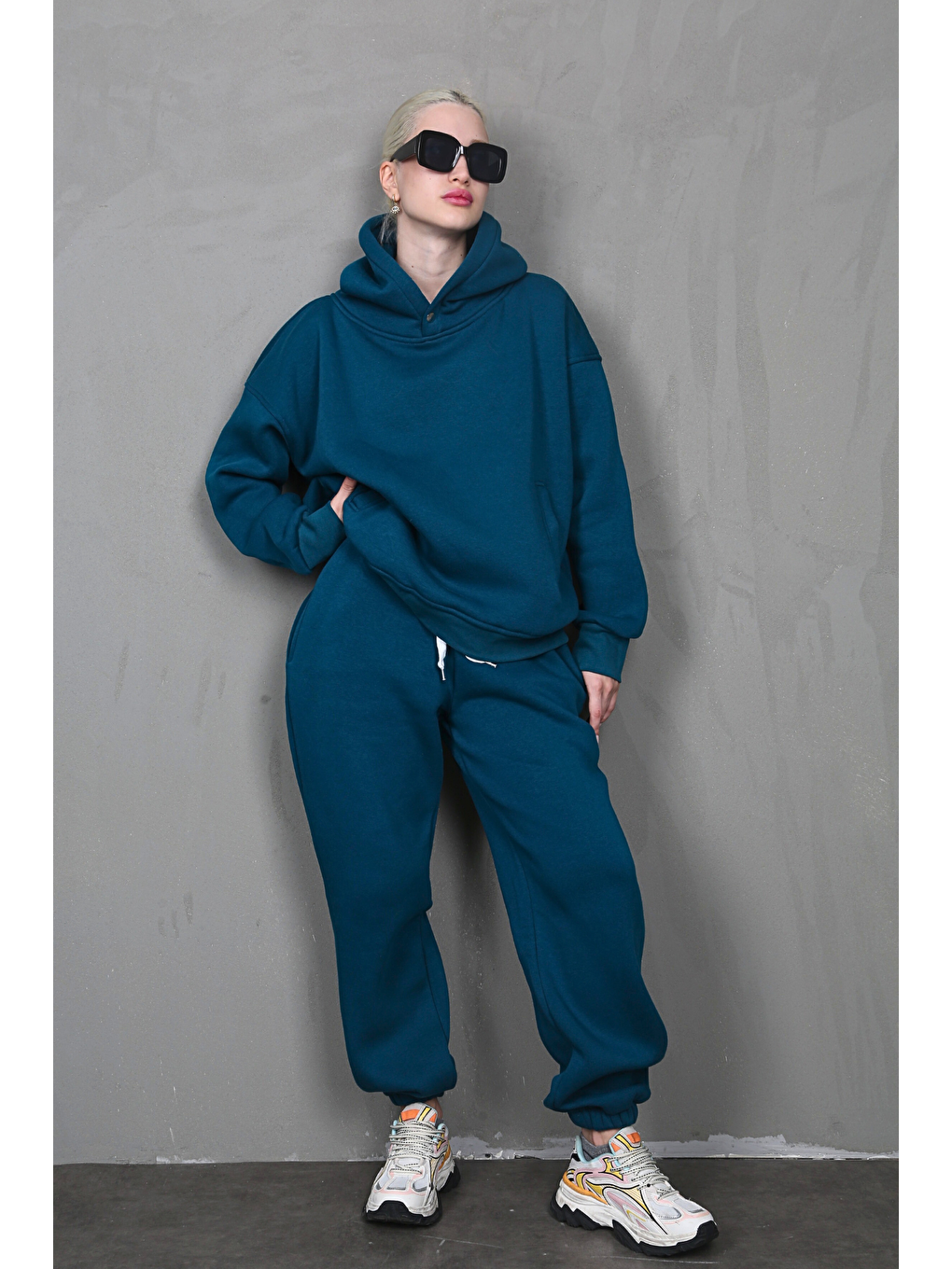 Petrol Bej Kapüşonlu Oversize Kadın Eşofman Takım Mg1905