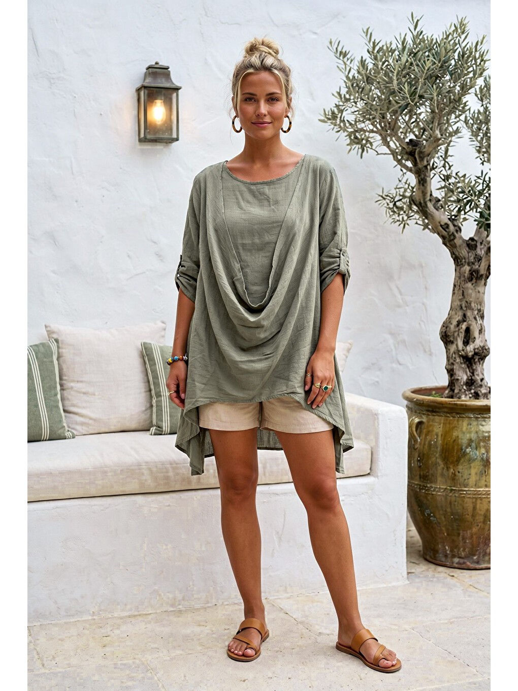 Yeşil Yuvarlak Yaka 3/4 Kol İkili Set Casual Pamuklu Salaş Dokuma Bluz 80 63-2