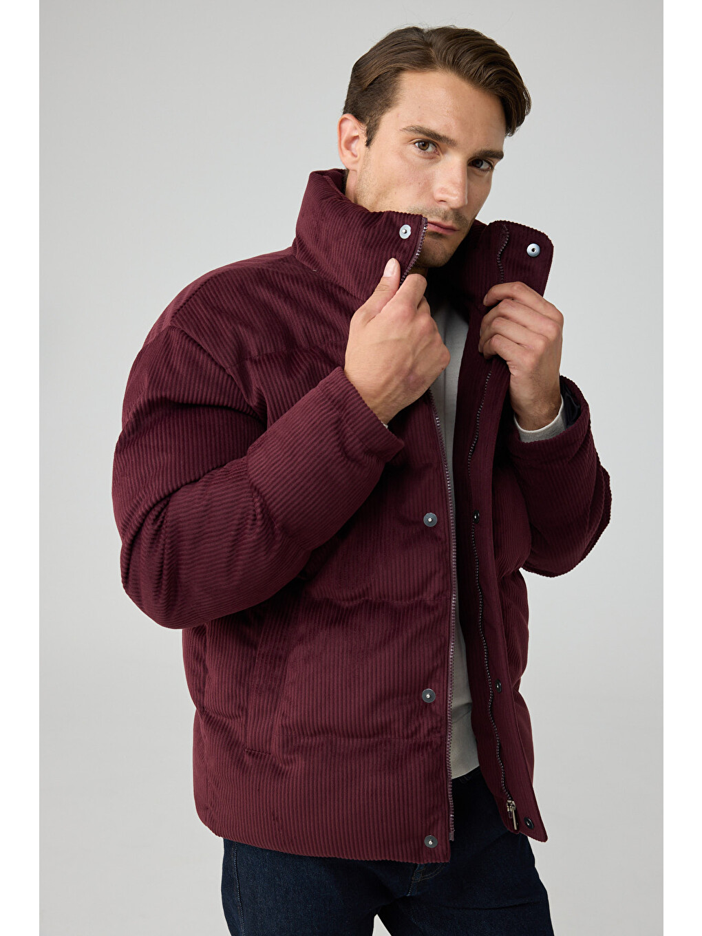 Erkek Su Geçirmez Kadife Puffer Şişme Mont Bordo-1