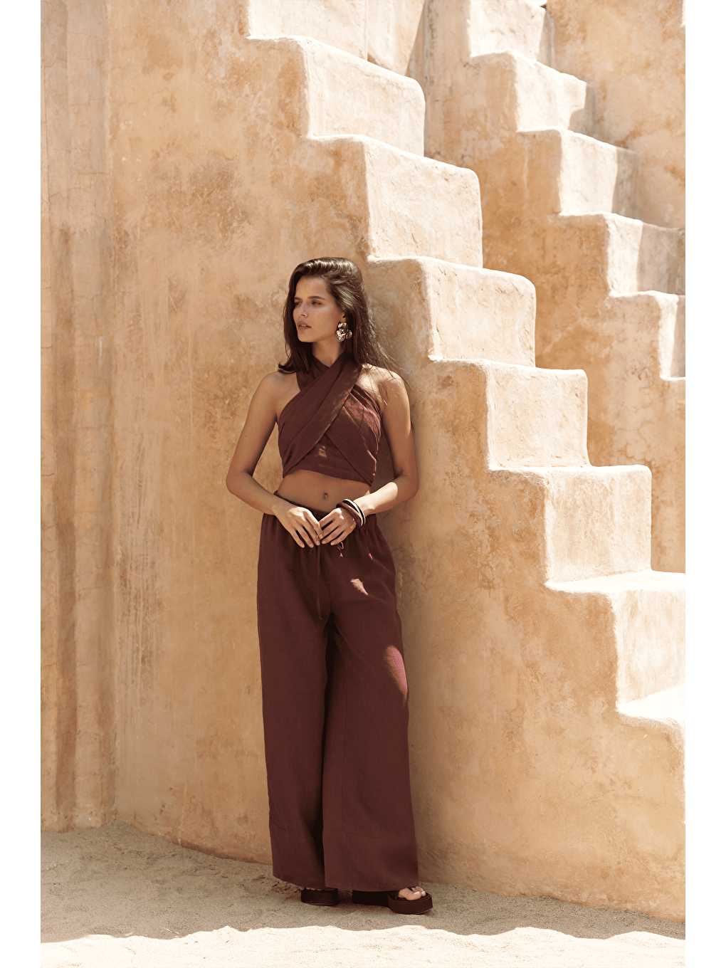 Moira Bordo Keten Crop Pantolon Takım-2