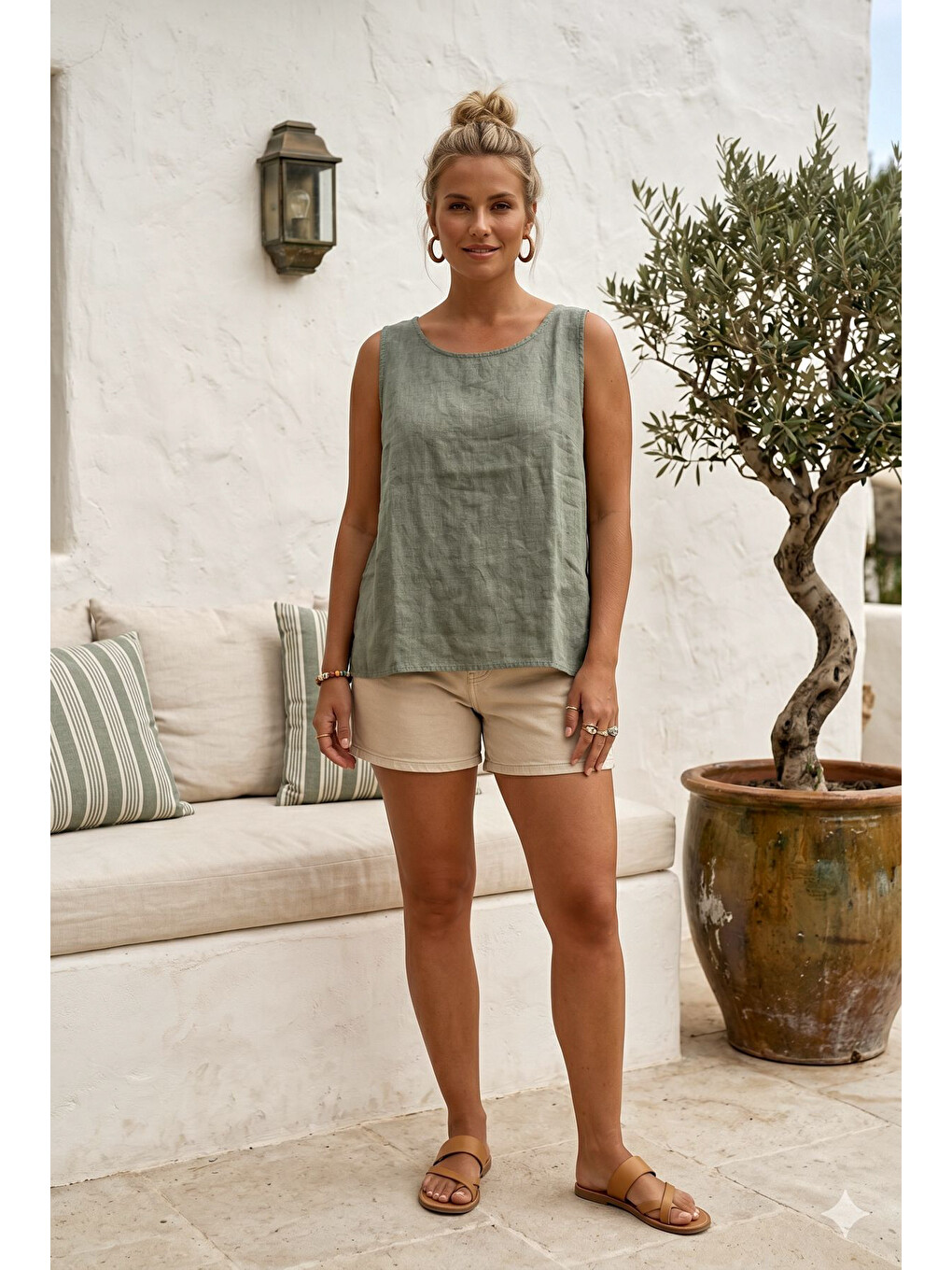 Yeşil Yuvarlak Yaka 3/4 Kol İkili Set Casual Pamuklu Salaş Dokuma Bluz 80 63-3