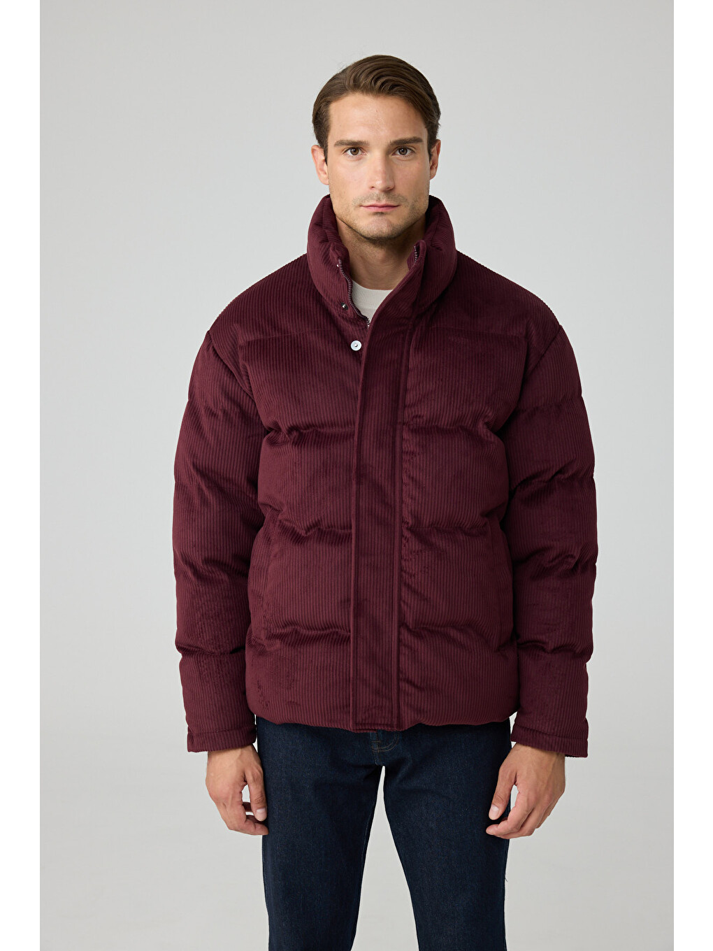 Erkek Su Geçirmez Kadife Puffer Şişme Mont Bordo-2