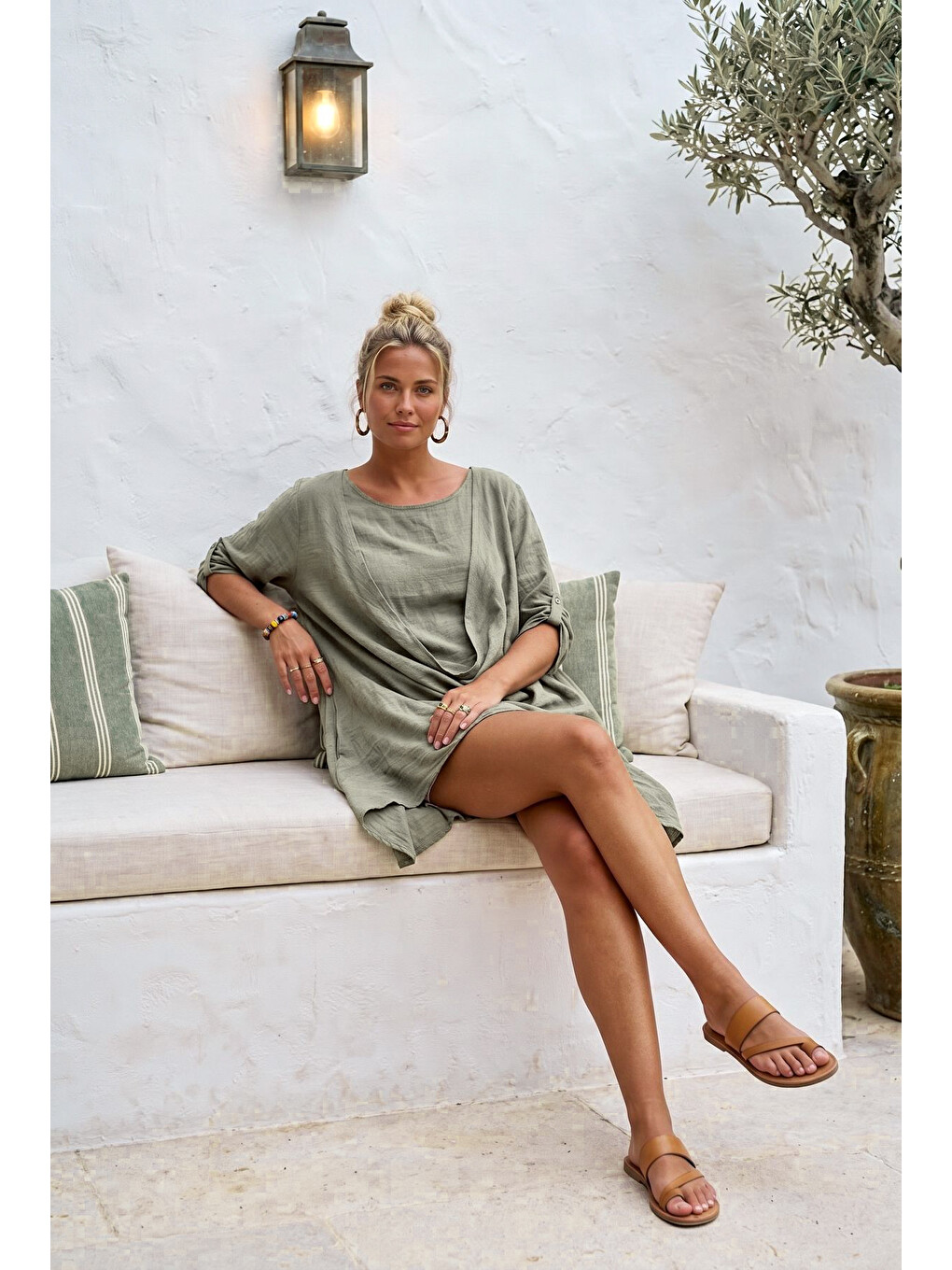 Yeşil Yuvarlak Yaka 3/4 Kol İkili Set Casual Pamuklu Salaş Dokuma Bluz 80 63-4