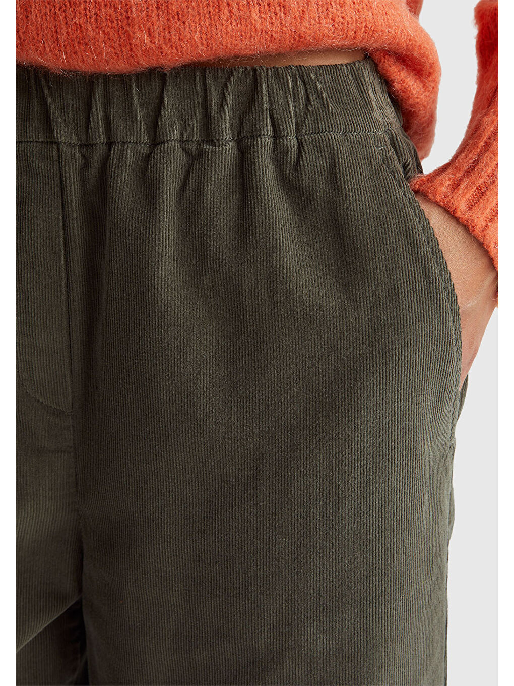 Kadın Haki %100 Pamuk Beli Lastikli Wide Leg Kadife Pantolon-5