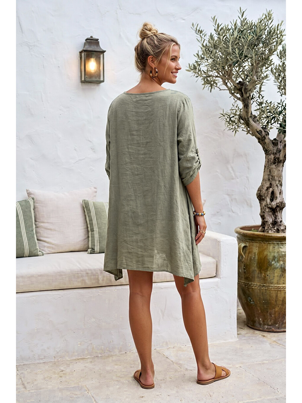 Yeşil Yuvarlak Yaka 3/4 Kol İkili Set Casual Pamuklu Salaş Dokuma Bluz 80 63-5