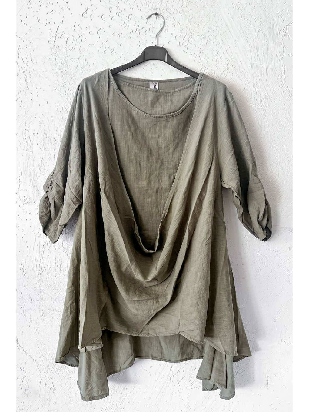 Yeşil Yuvarlak Yaka 3/4 Kol İkili Set Casual Pamuklu Salaş Dokuma Bluz 80 63-6