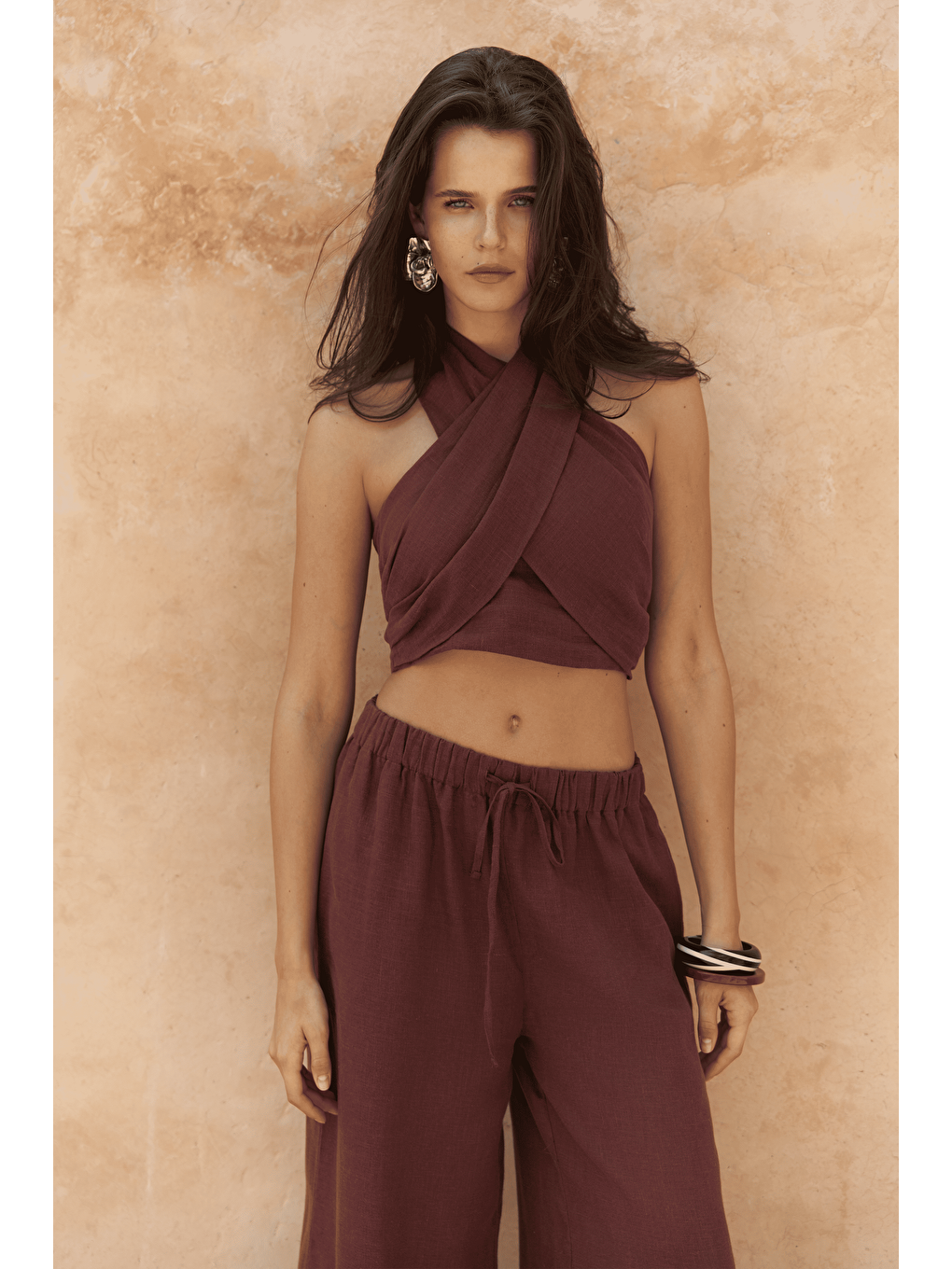 Moira Bordo Keten Crop Pantolon Takım-4