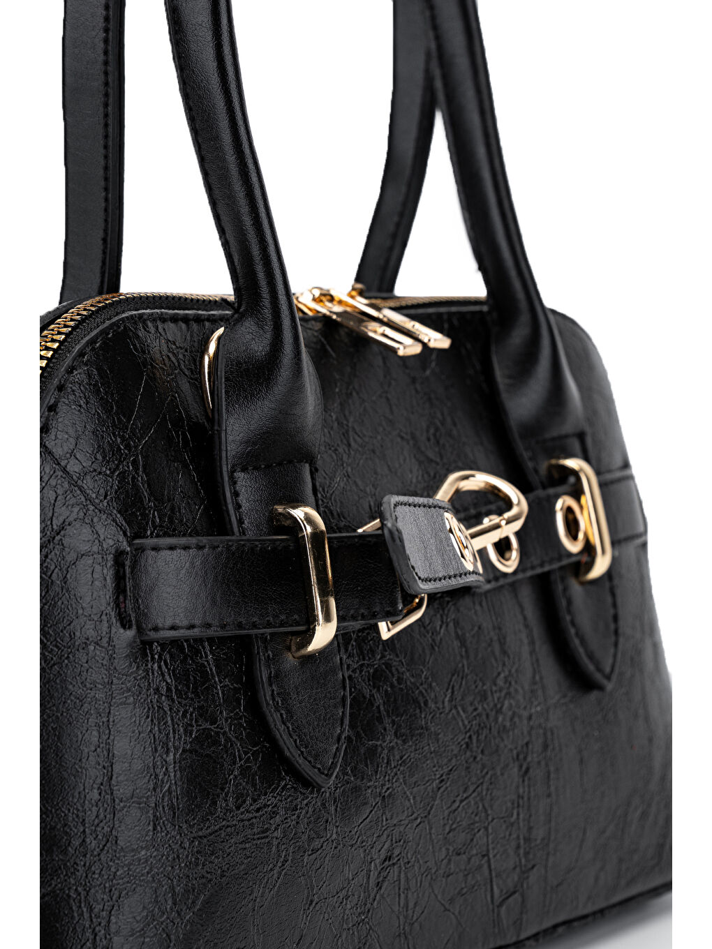 Kemer Detaylı Suni Deri Kadın Çapraz Çanta King Siyah-4