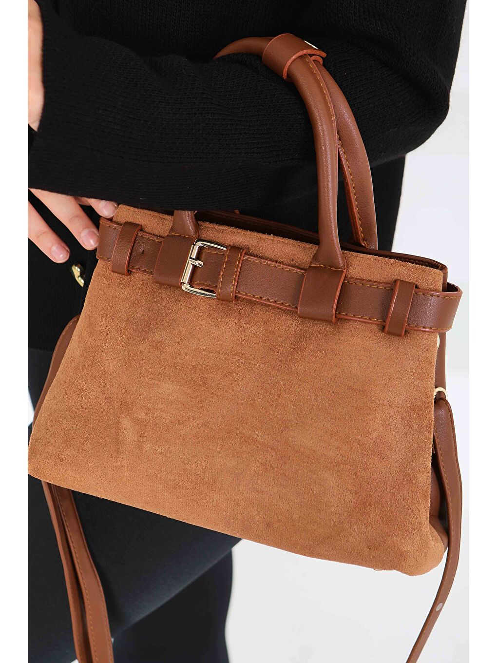 Kahverengi Kadın Taba Süet Detaylı El Çantası - 27842-TABA-1