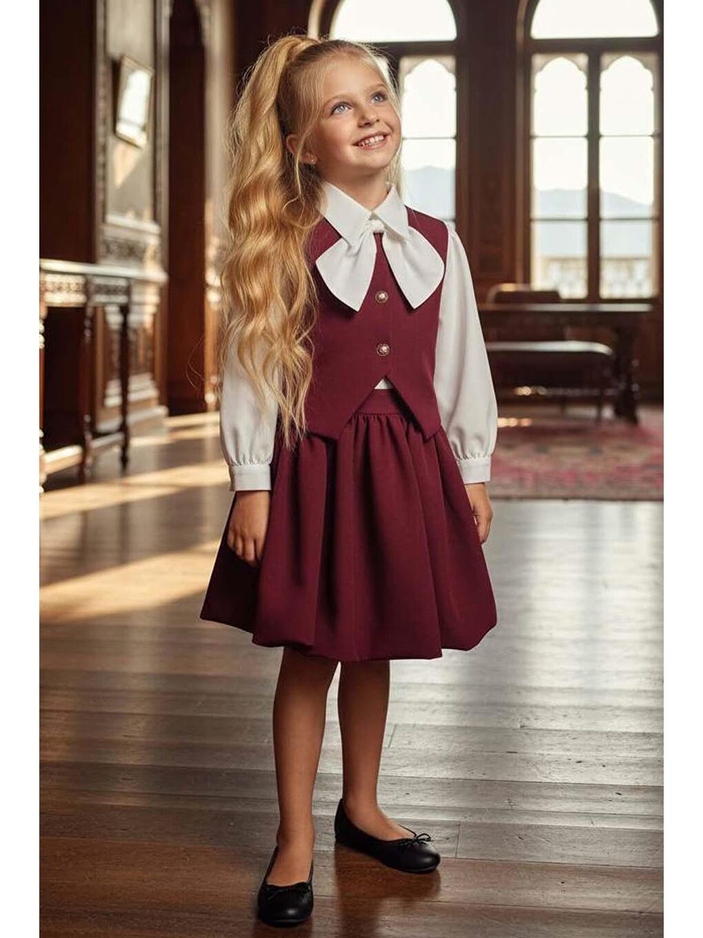 Kız Çocuk Yakasında Kurdela Detaylı Şifon Gömlek ve Yelek, Salaş Pileli Bordo Etekli Takım-1