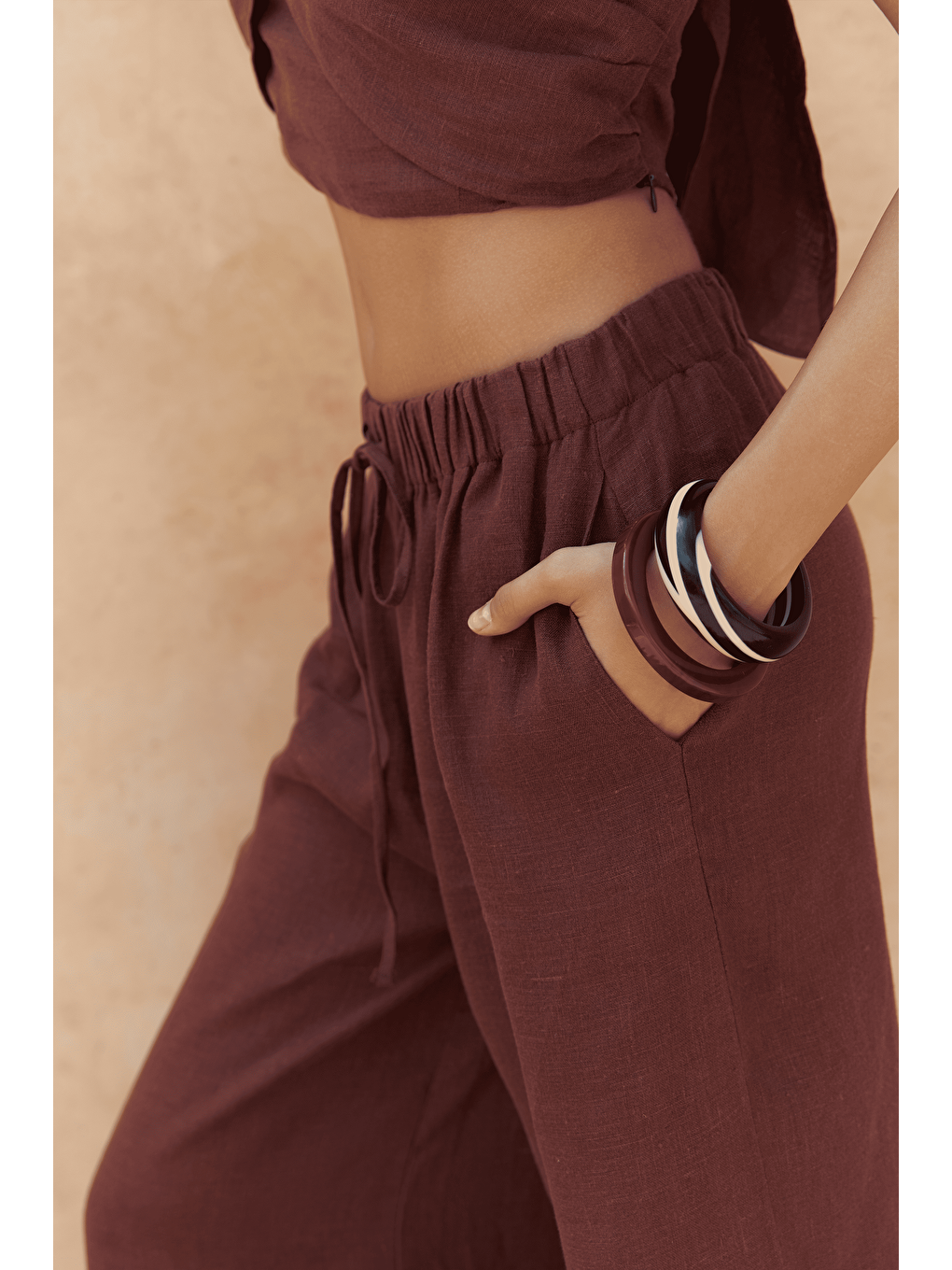 Moira Bordo Keten Crop Pantolon Takım-5