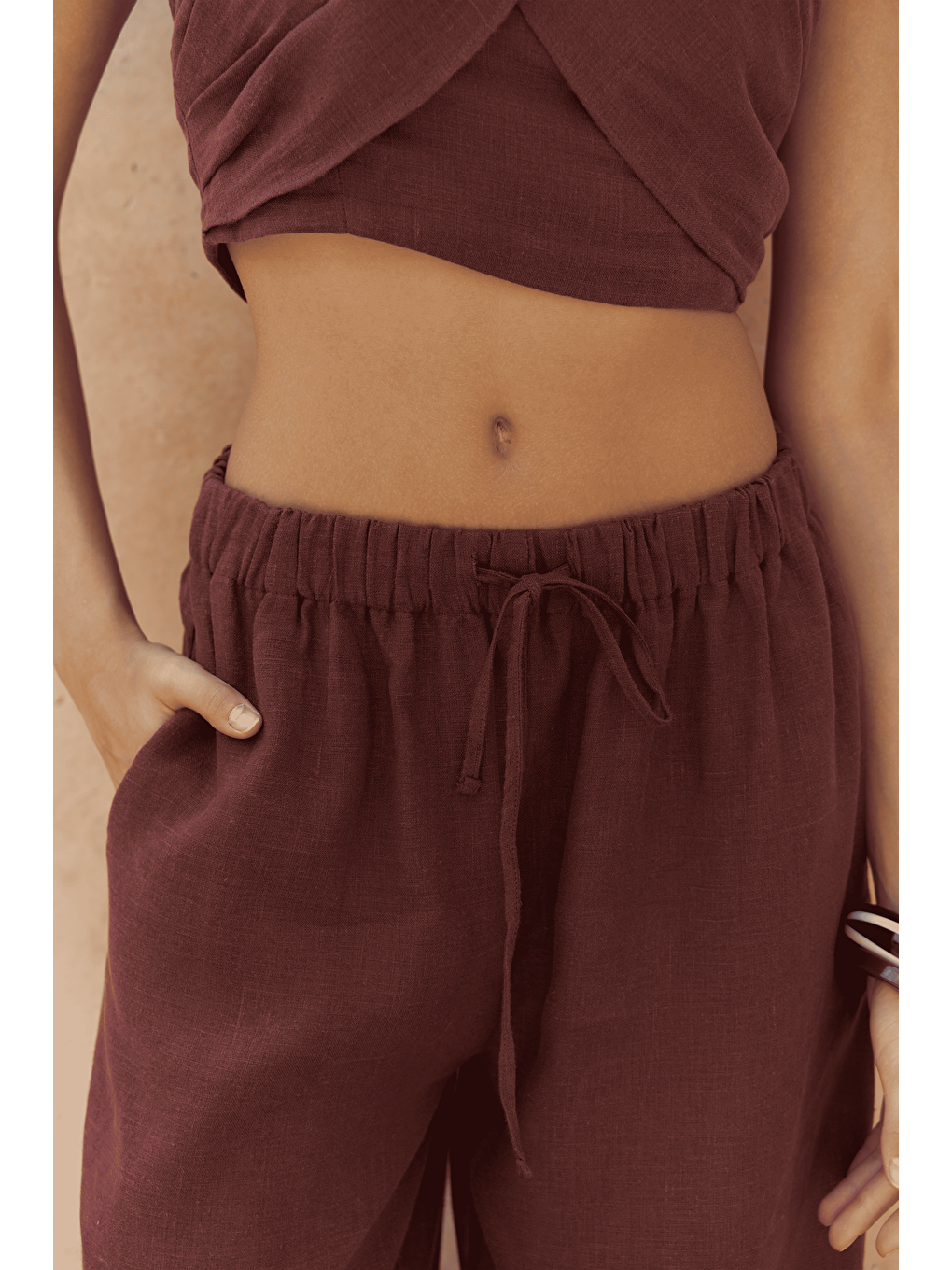 Moira Bordo Keten Crop Pantolon Takım-6