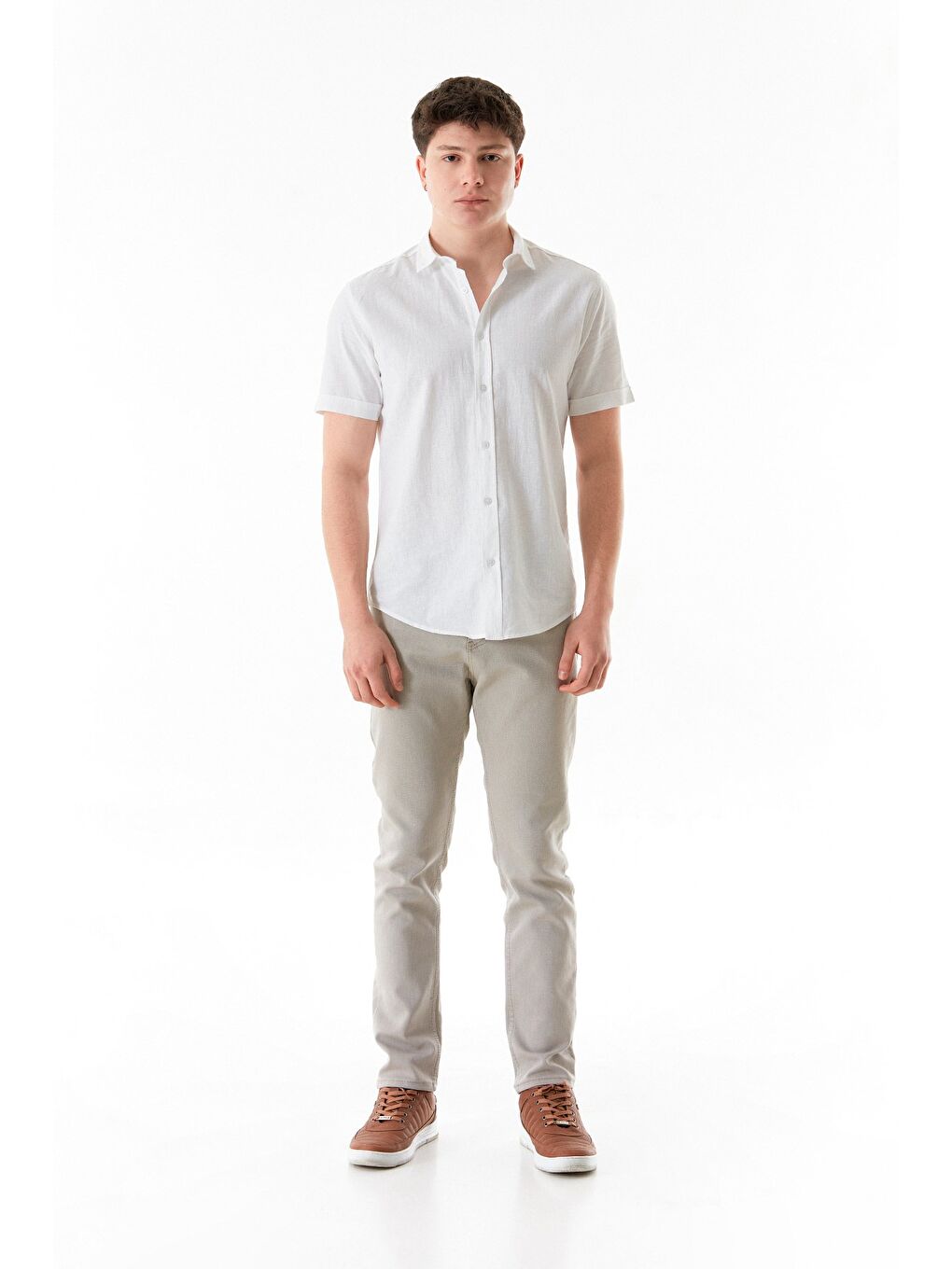 Beyaz Basic Kısa Kollu Keten Gömlek-3