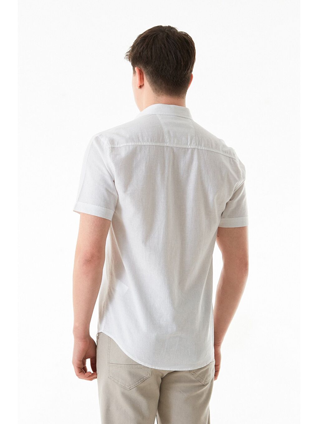 Beyaz Basic Kısa Kollu Keten Gömlek-4