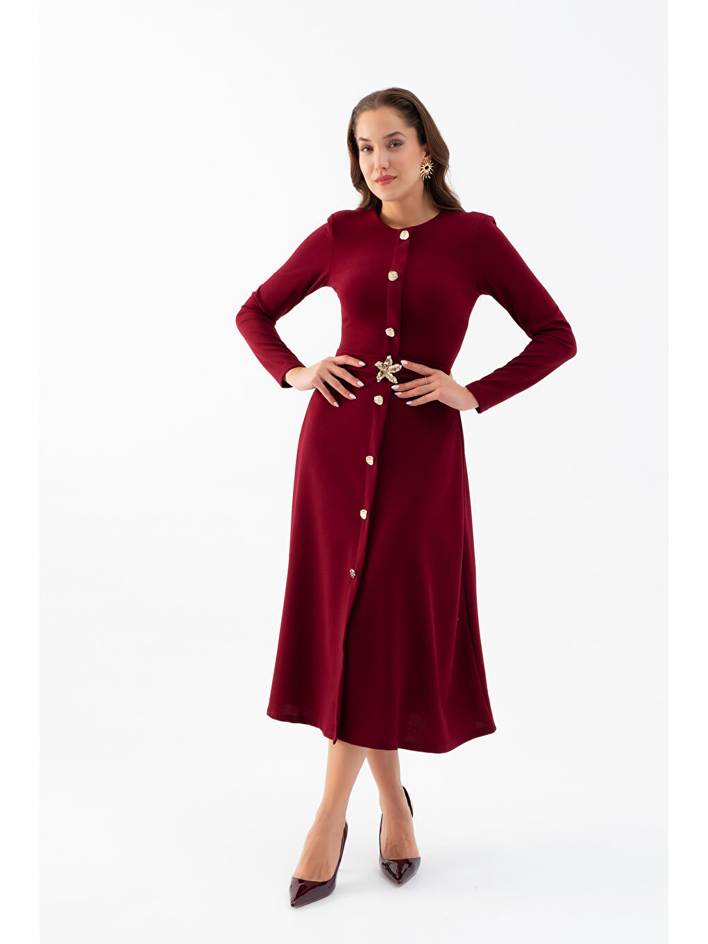 Kadın Bordo Uzun Kol Gold Düğmeli Midi Elbise