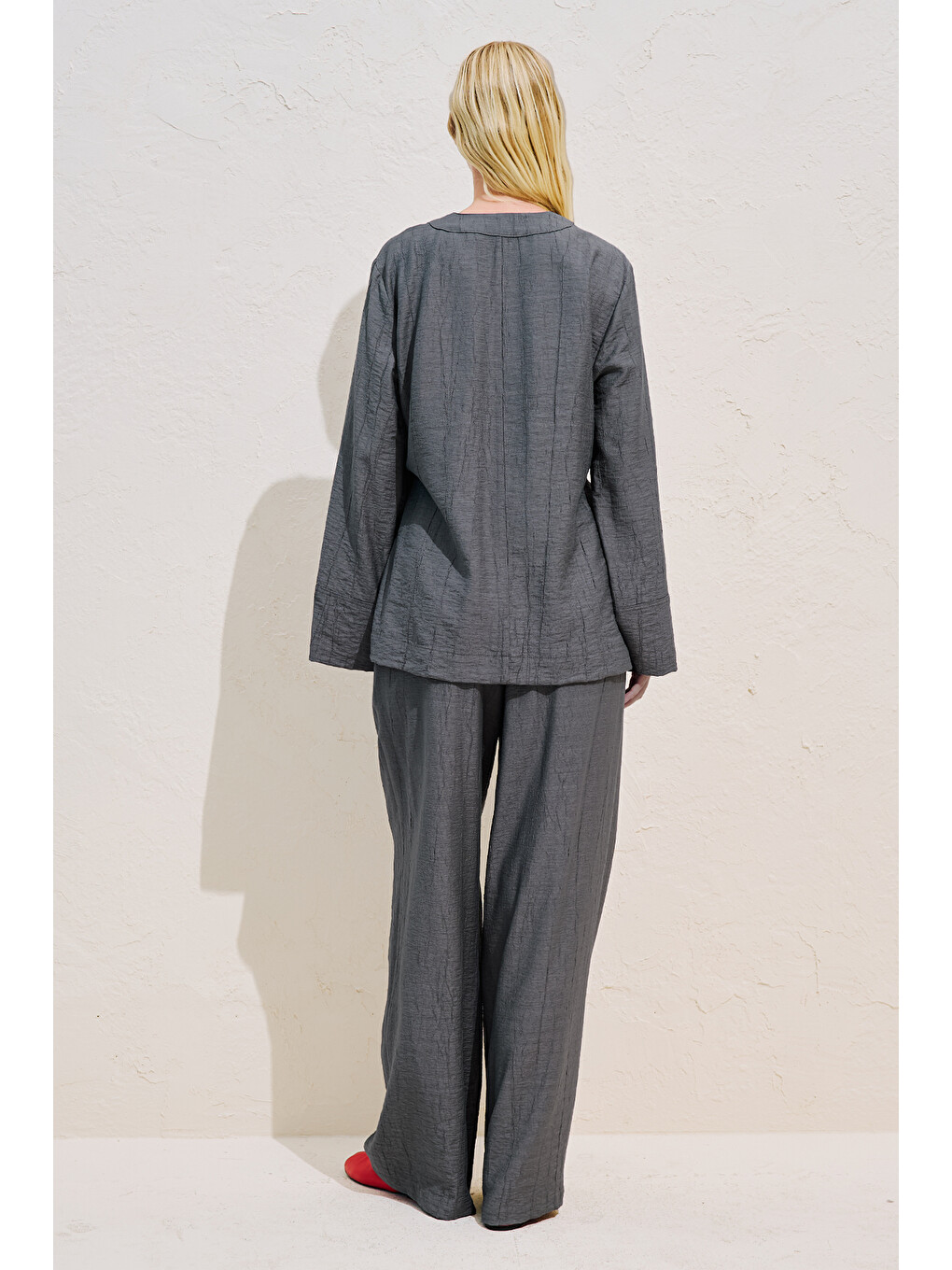 Dokulu Bağlamalı Kimono Bluz Gri-7