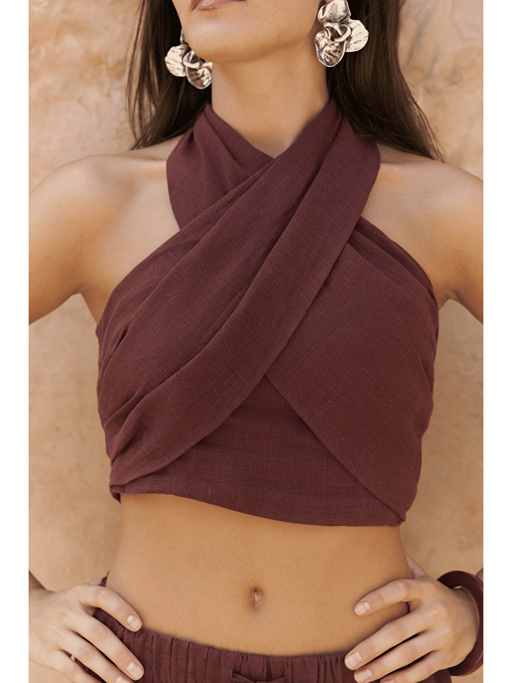 Moira Bordo Keten Crop Pantolon Takım-7