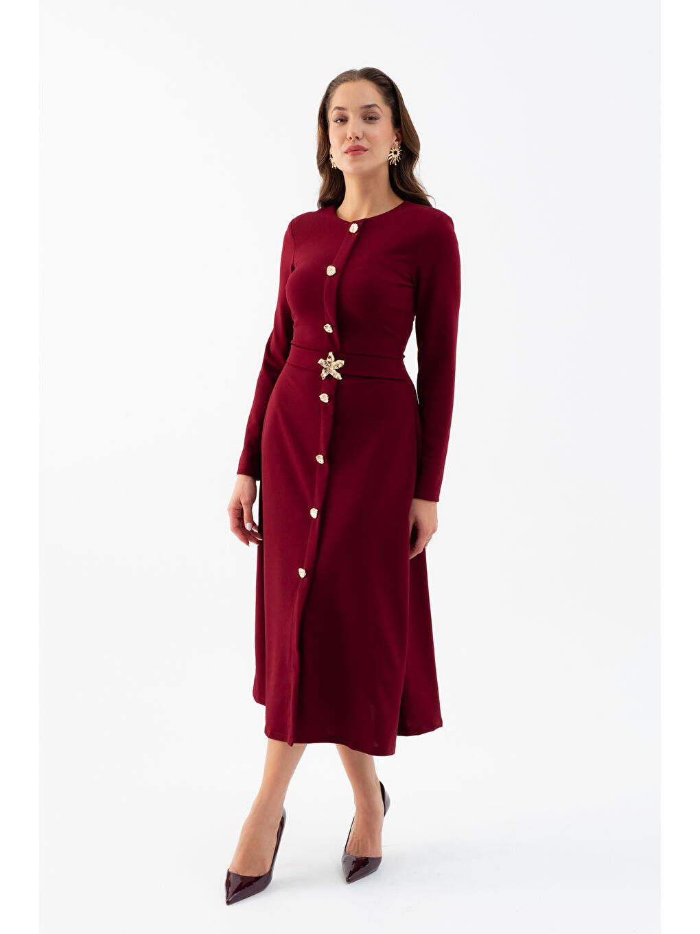 Kadın Bordo Uzun Kol Gold Düğmeli Midi Elbise-1