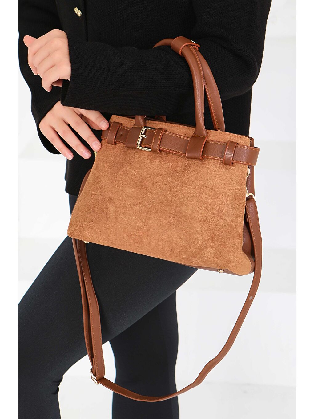 Kahverengi Kadın Taba Süet Detaylı El Çantası - 27842-TABA-4