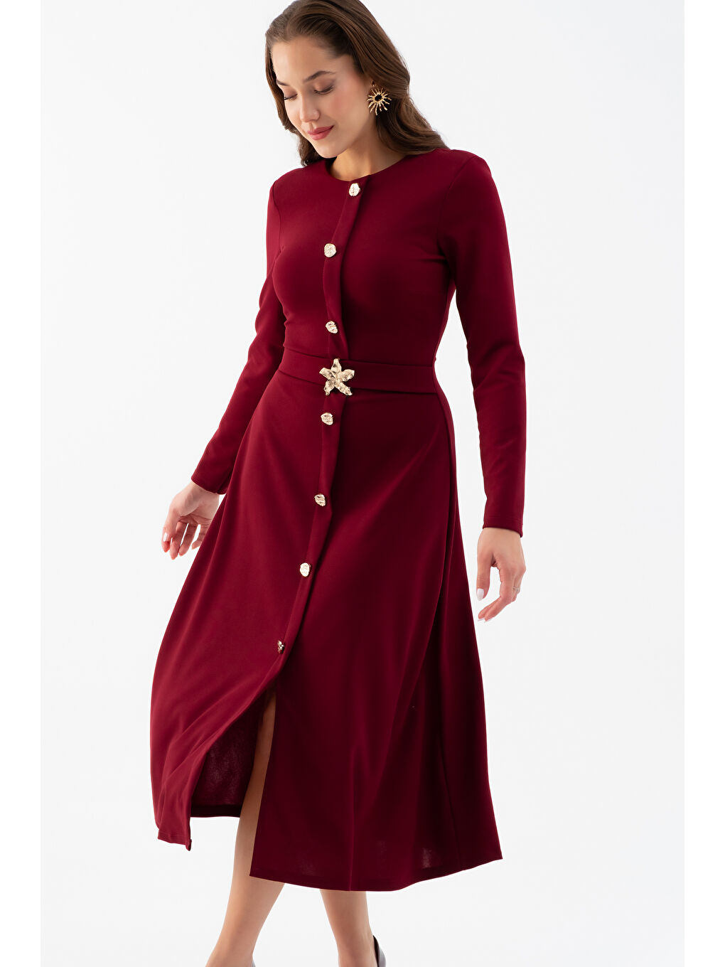 Kadın Bordo Uzun Kol Gold Düğmeli Midi Elbise-2